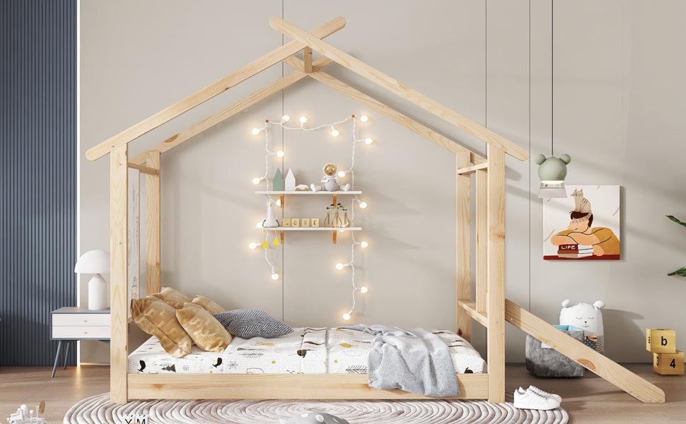 Wooden Bed, Single with Slide, Roof Design & Whiteboard, Pine + MDF + Plywood