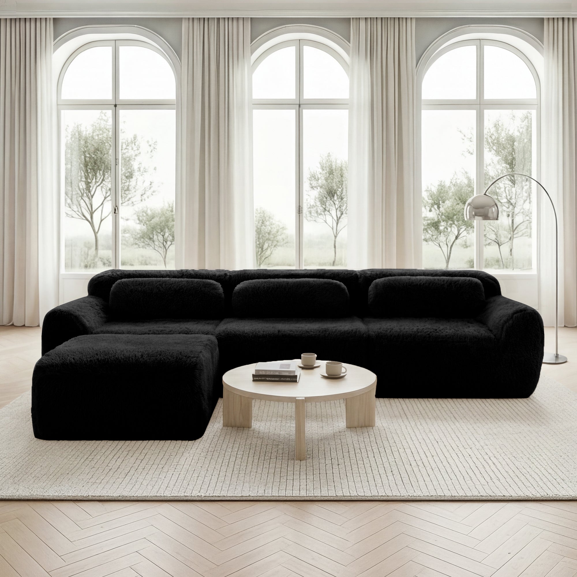 L-shaped Modular Sofa Frameless Deep Seating - Black Plush Fabric