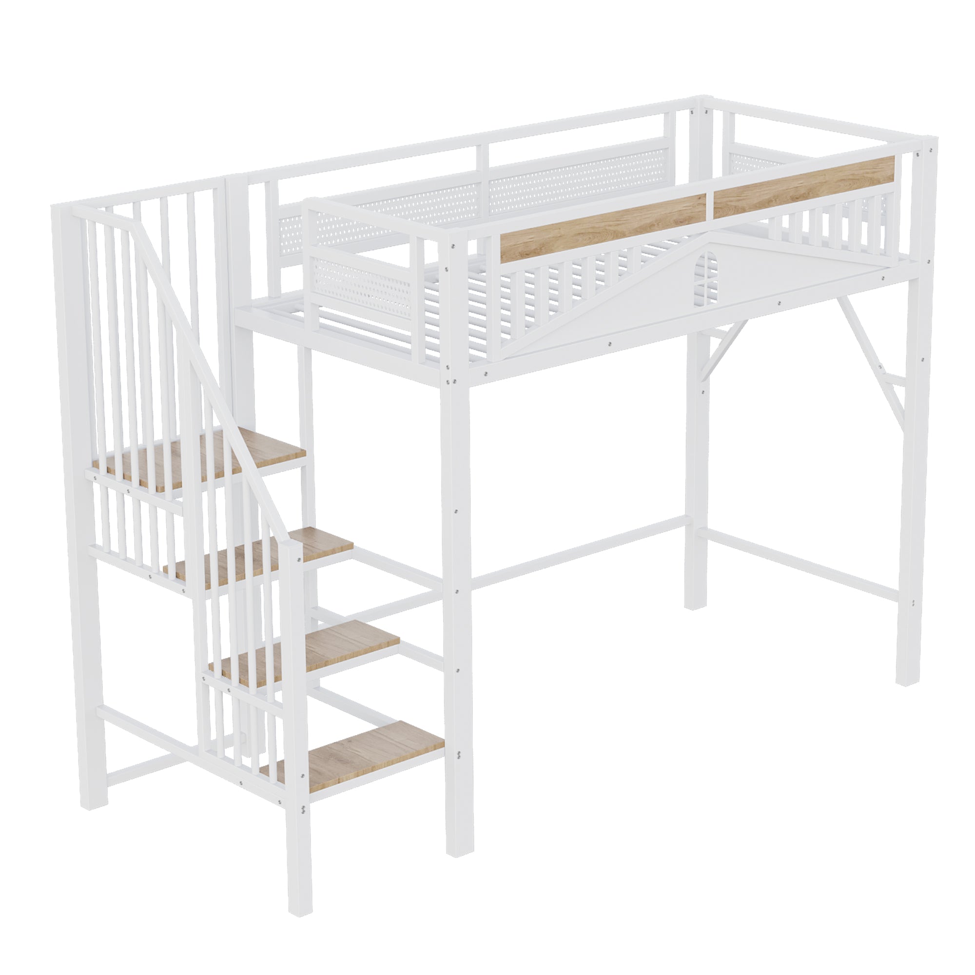 Metal Loft Bed, 90x200cm, Safety Rail with Window & Ladder, White