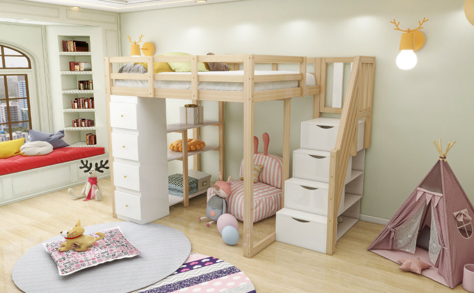 Loft Bed with 4 Drawers and Storage Stairs, 140x200 cm, White and Natural Wood