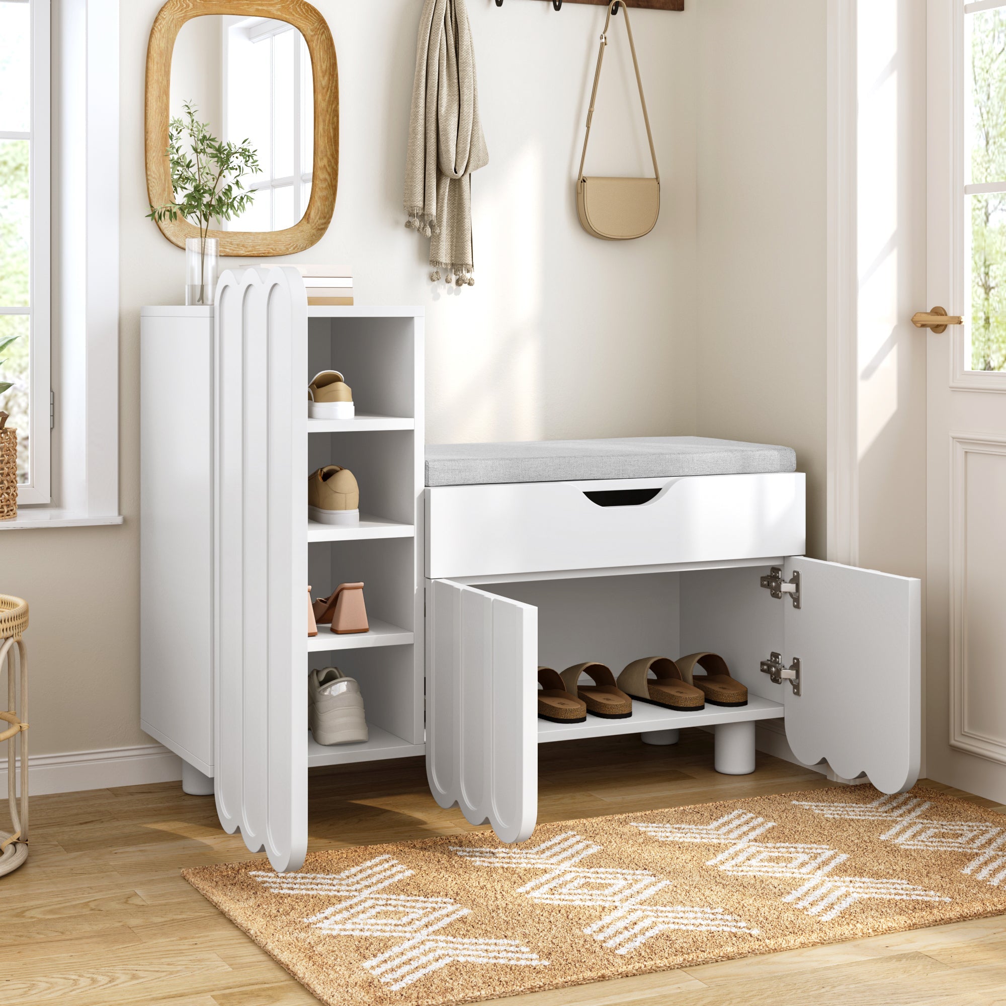 Modern 3-door shoe cabinet with drawer and seat cushion, white