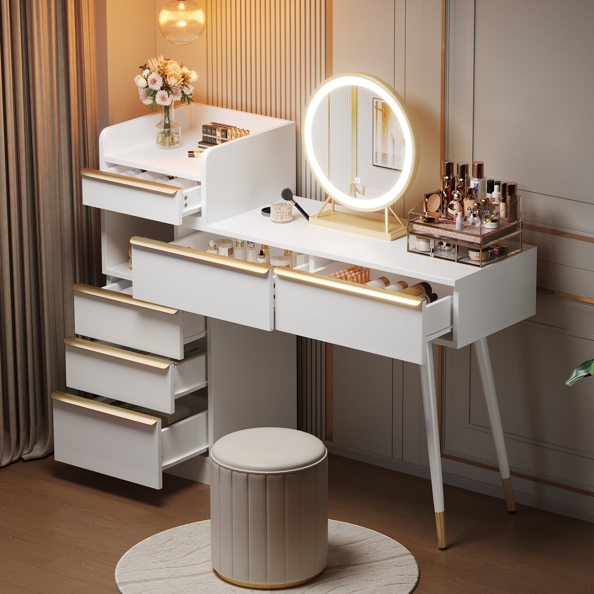 Dressing table with extendable tabletop, 6 drawers, gold handles, LED mirror, dimmable light, white