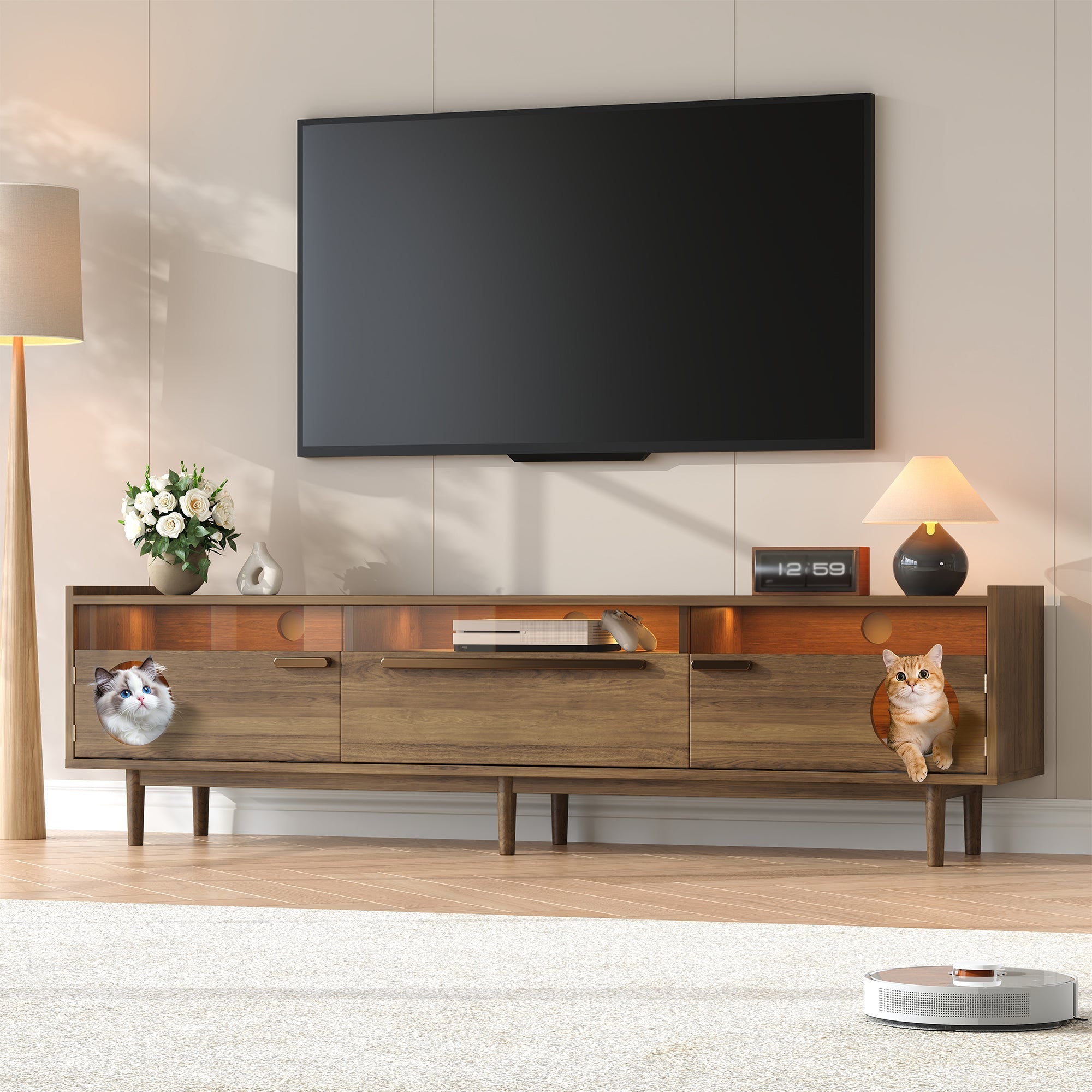 Modern TV Cabinet LED Lighting Cat Rest Area Glass Doors 1 Drawer, Walnut Color