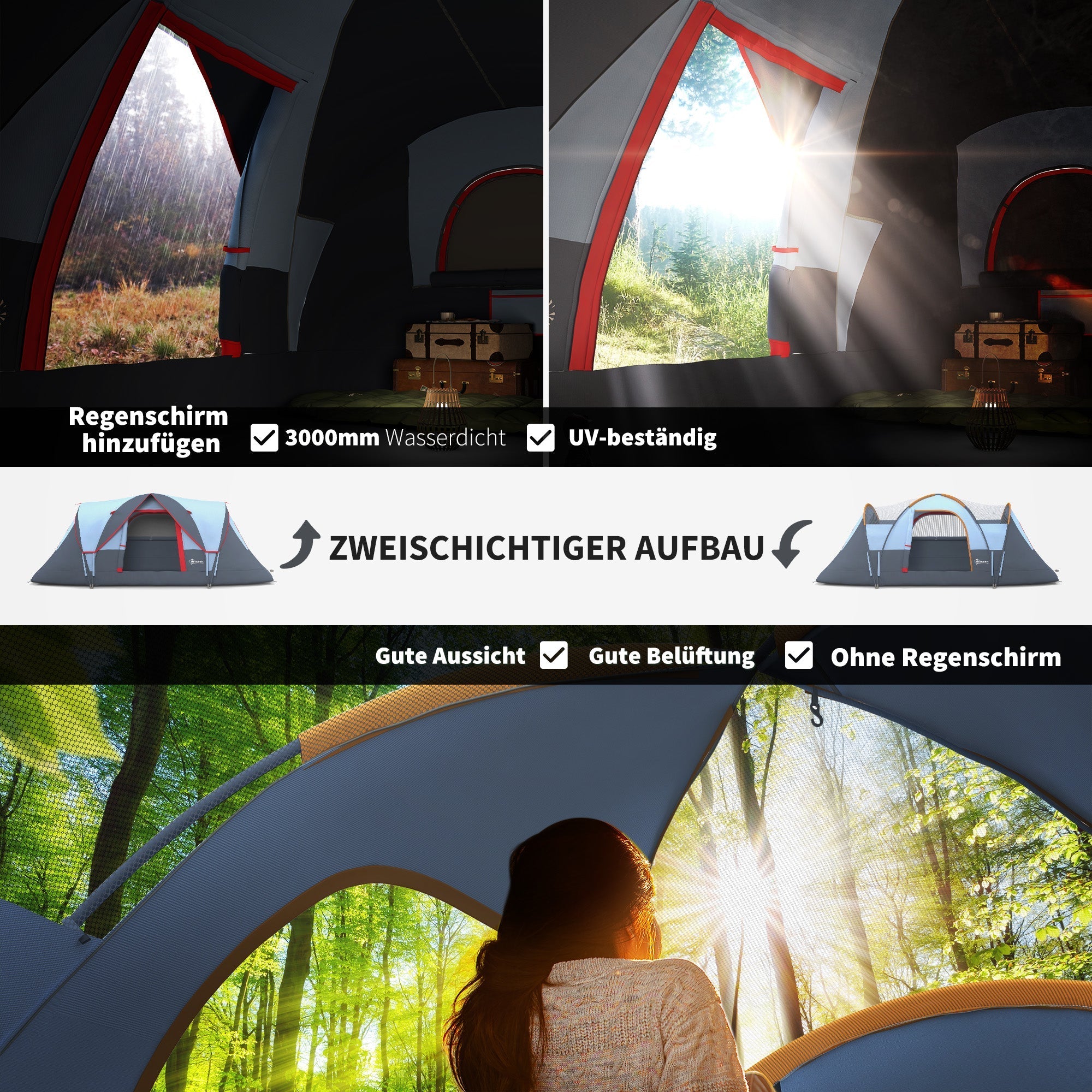 Camping Tent 5-6 Person Tunnel Dome Tent Polyester, Grey