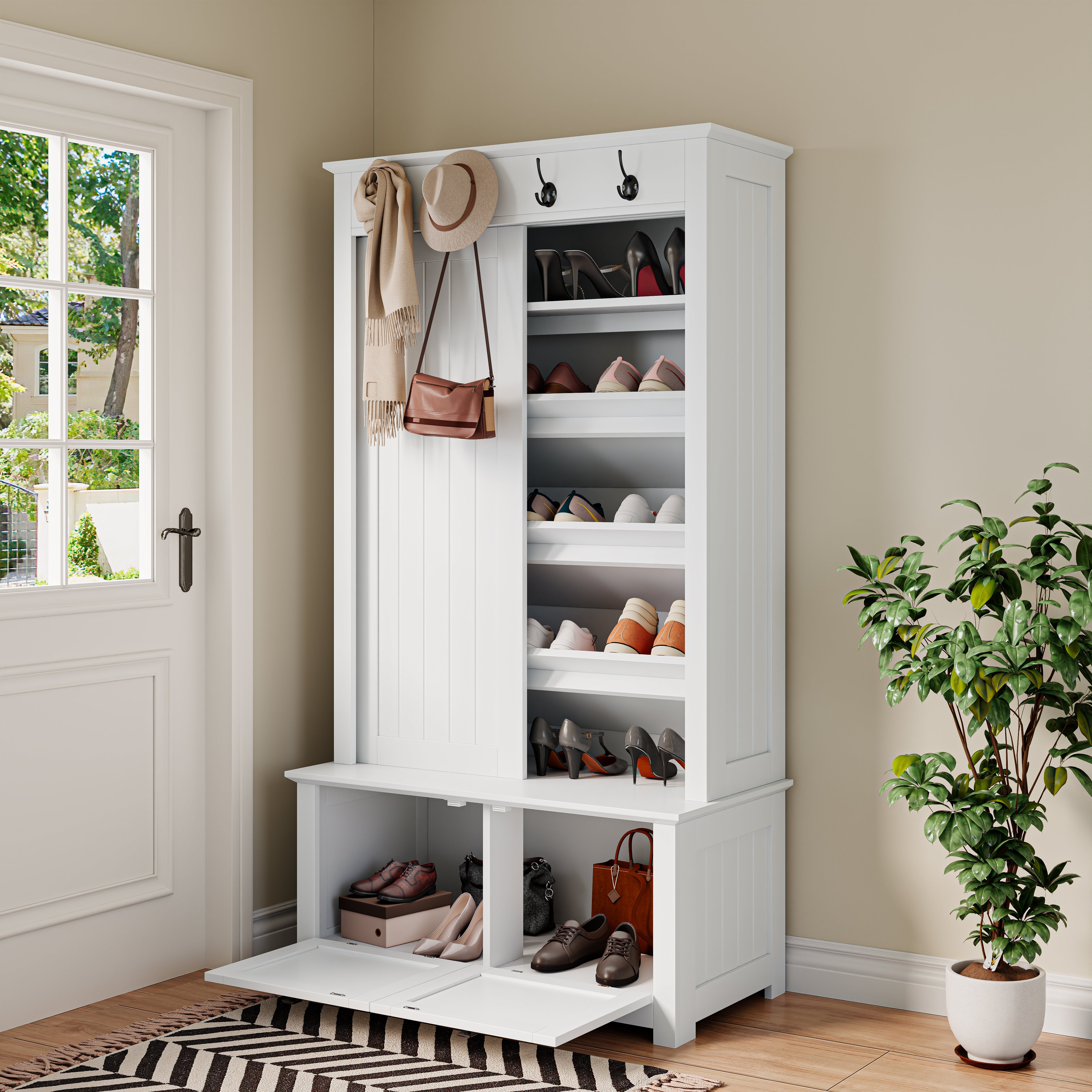 Minimalist Wardrobe Set with Shoe Cabinet, Hooks & Storage - White