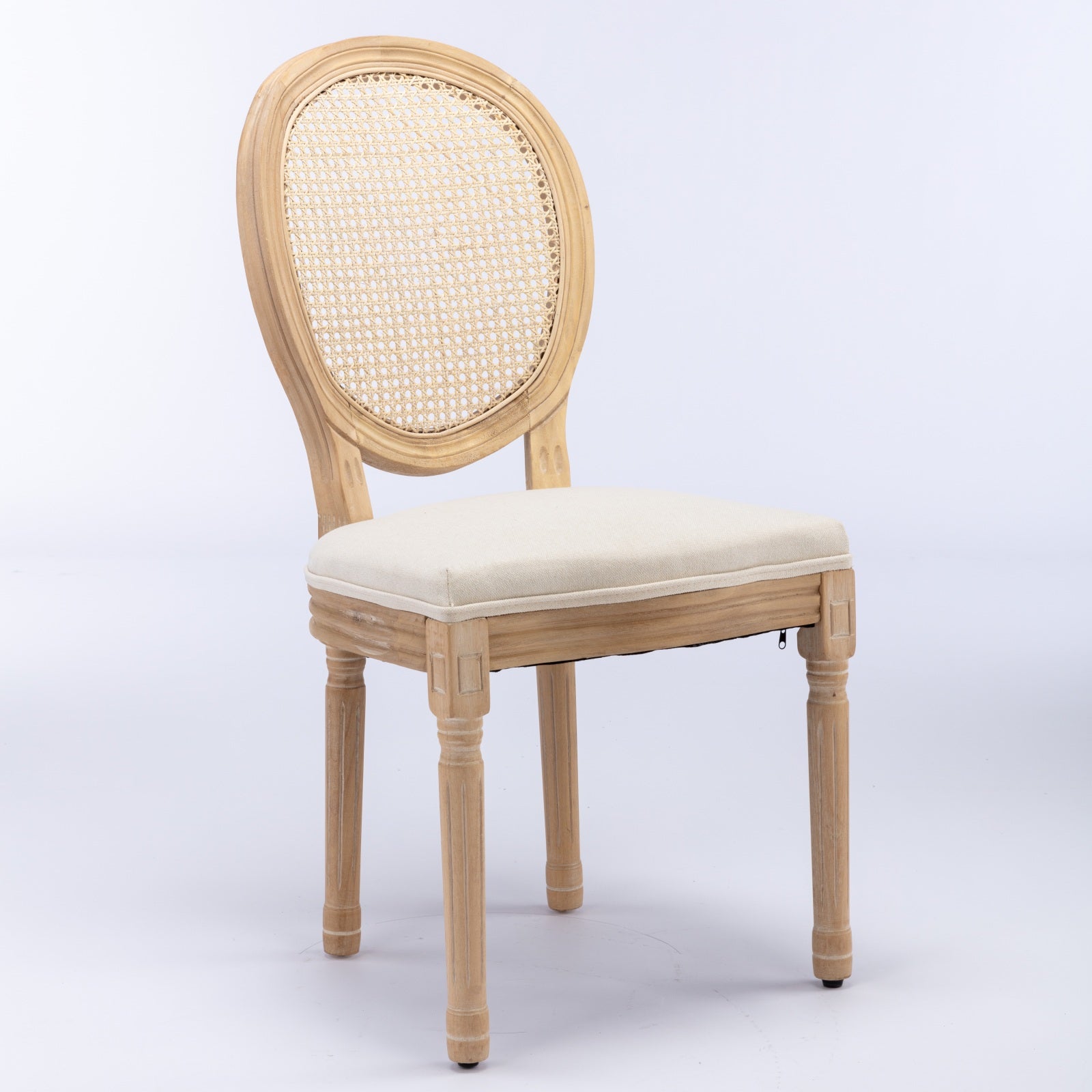 French Style Dining Chair Solid Wood Rattan Back Linen Set of 2 - Cream Beige