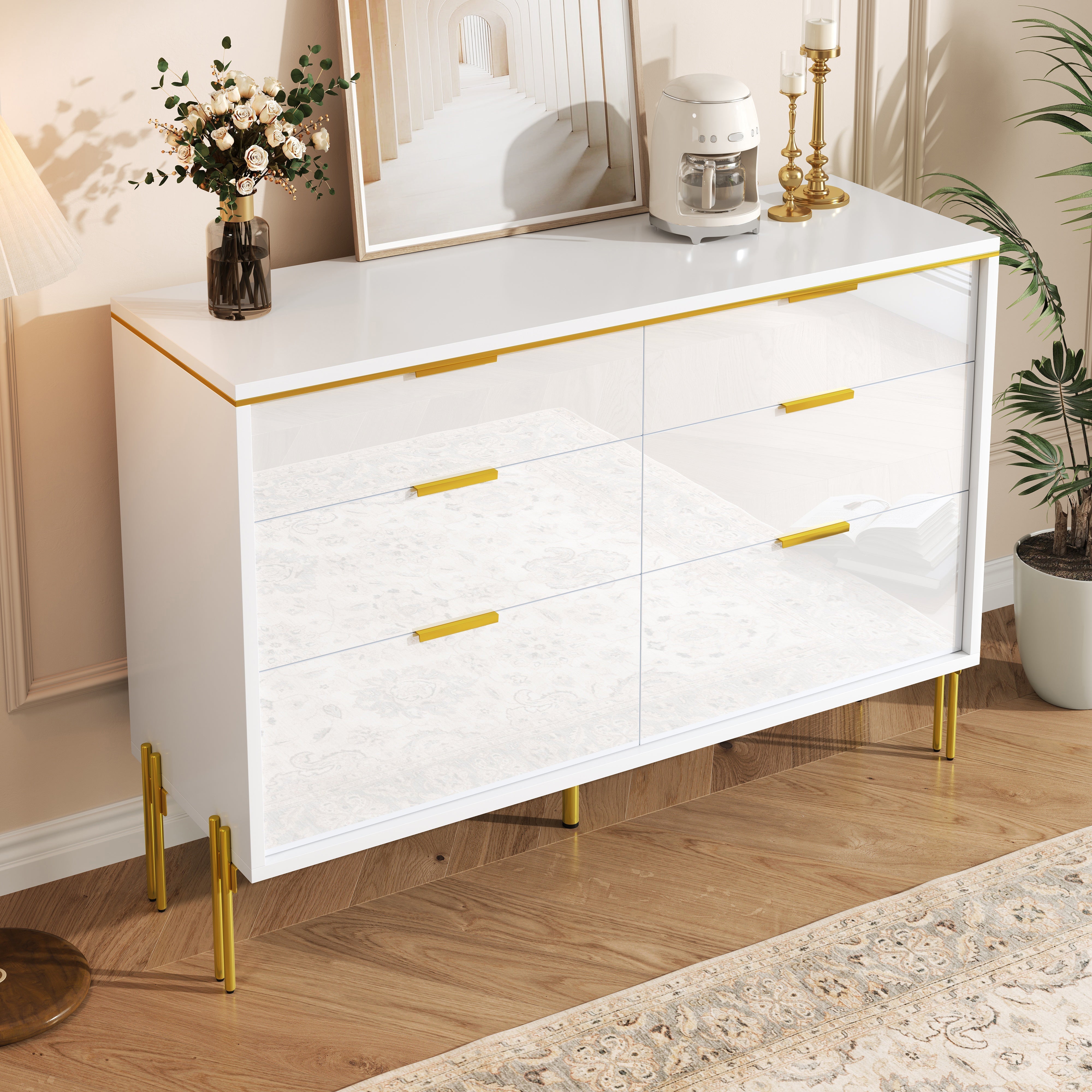 Sideboard Cabinet Modern 6 Drawers High-Gloss - White and Gold