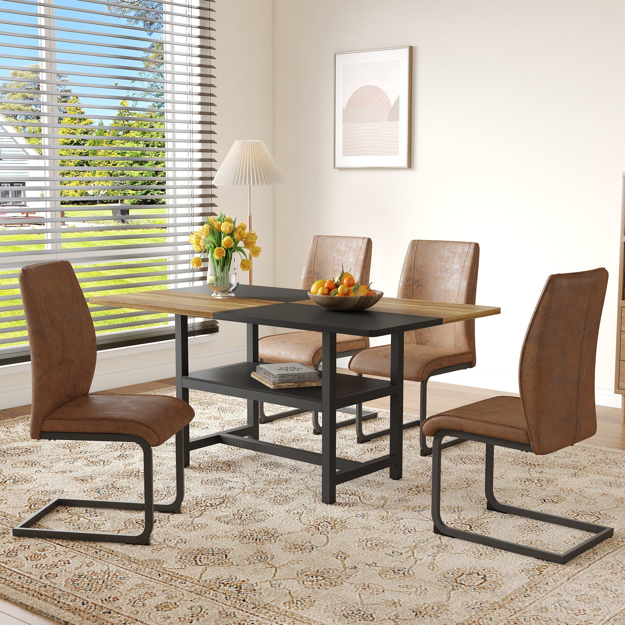 Dining Set Rectangular Table Storage Shelf 4 Armchairs 160x90cm - Brown Tech Fabric
