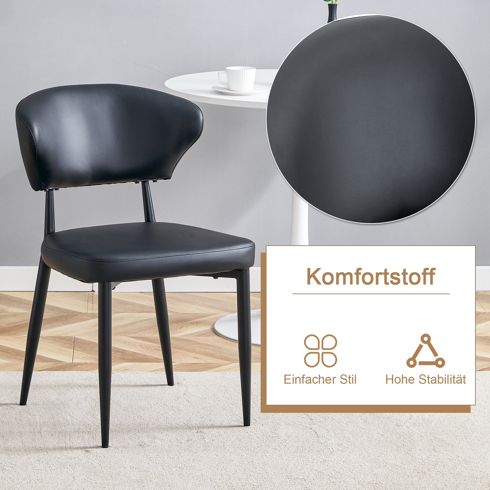 Round Table Set Modern Minimalist 100cm with 2 PU Armchairs - Wood Look/Black