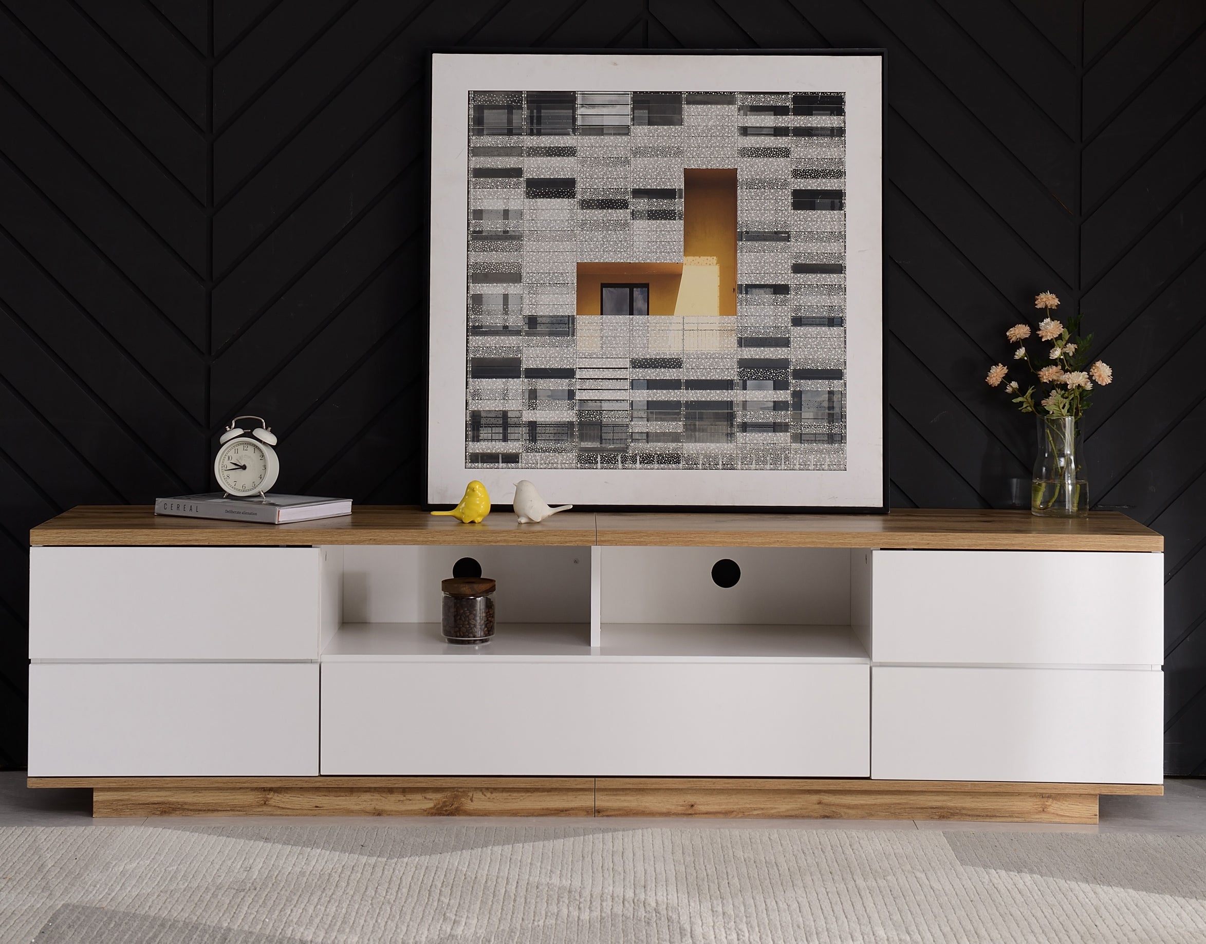 TV Cabinet Modern Color-Block 180cm Wood Grain Finish White
