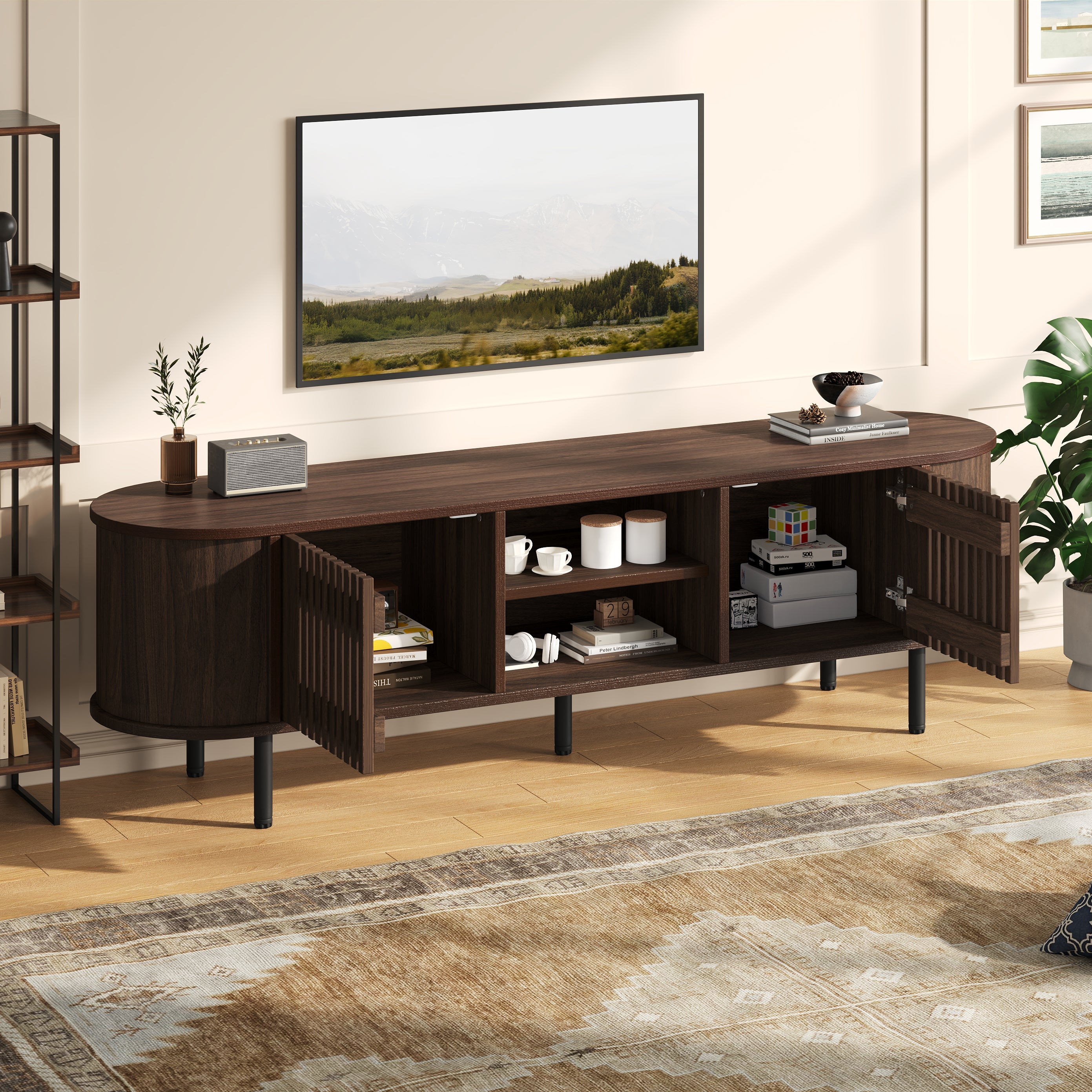 TV Cabinet Lowboard with 2 Cabinets, Openwork Wood Design, Walnut