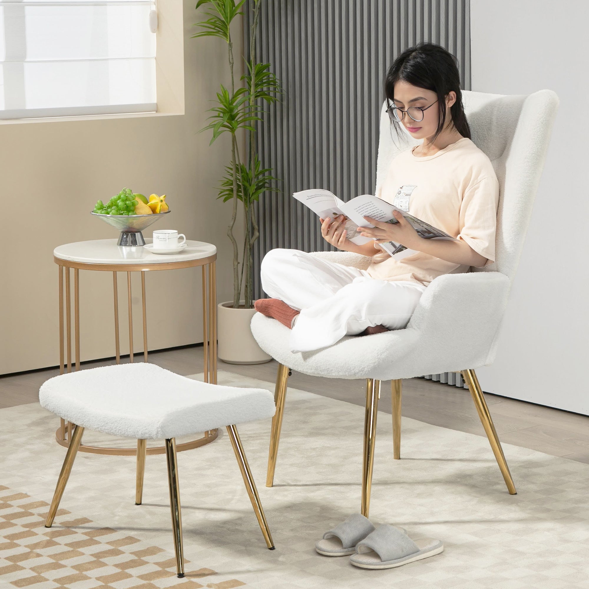 Wingback Chair with Footstool, High Back Armchair, Sherpa White