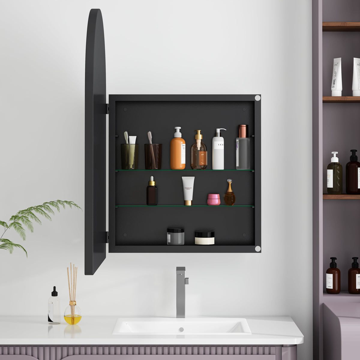 Arched Mirror Cabinet, Recessed Medicine Wall Storage, Black Metal Framed