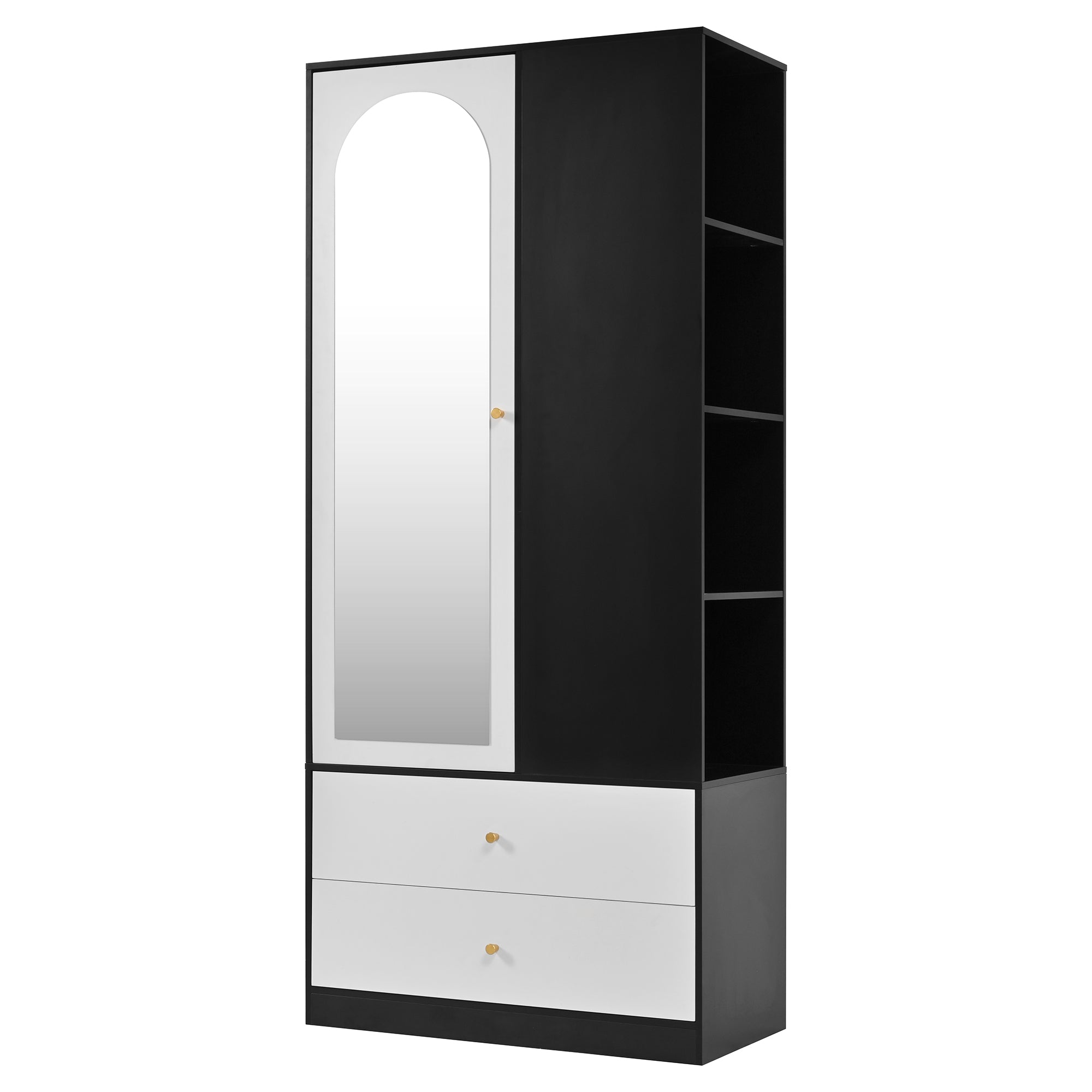 Wardrobe with Mirror 2 Drawers 4 Shelves Bedroom Storage 80x40x180cm White and Black