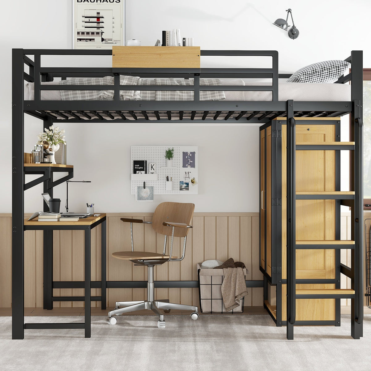 Iron Loft Bed, 90x200cm, Wardrobe Desk Stairs Storage, Black/Natural Iron + MDF