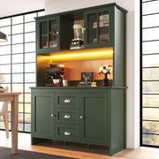 Tall Kitchen Cabinet Sideboard with Brown Glass Doors and LED Lighting, Green