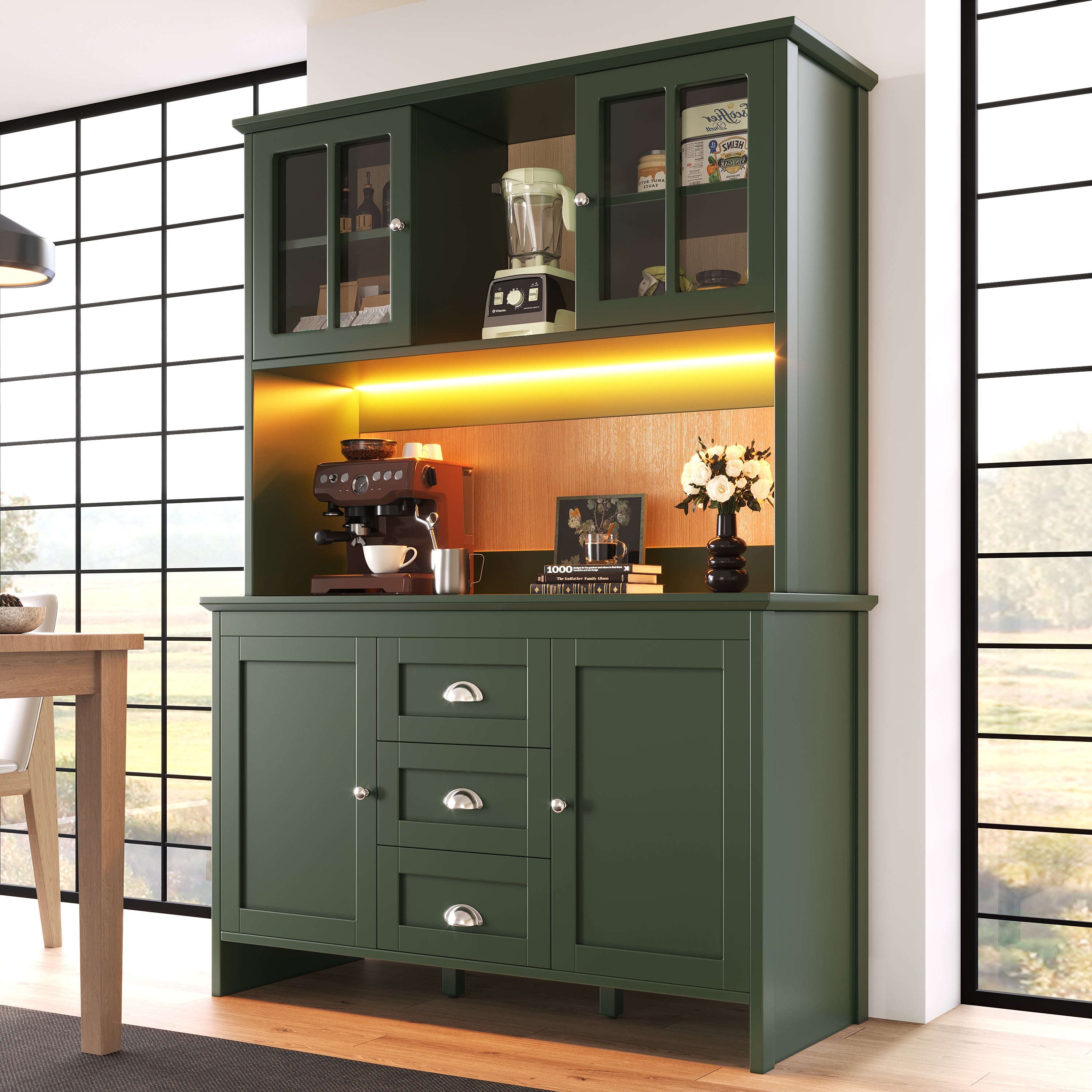Tall Kitchen Cabinet Sideboard with Brown Glass Doors and LED Lighting, Green