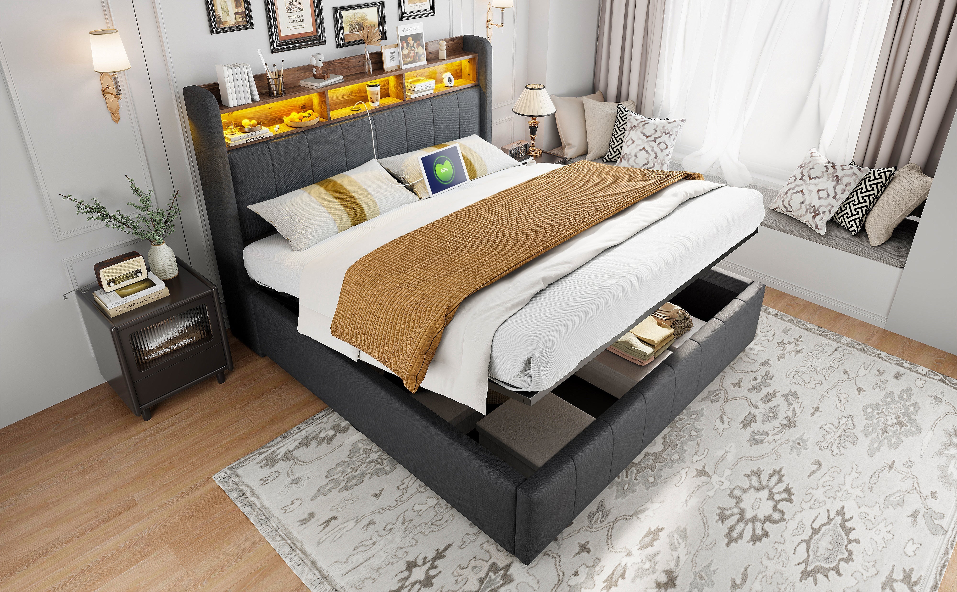 Upholstered Bed 160*200cm, LED Lighting, USB Socket, Hydraulic Storage, Linen Fabric Gray
