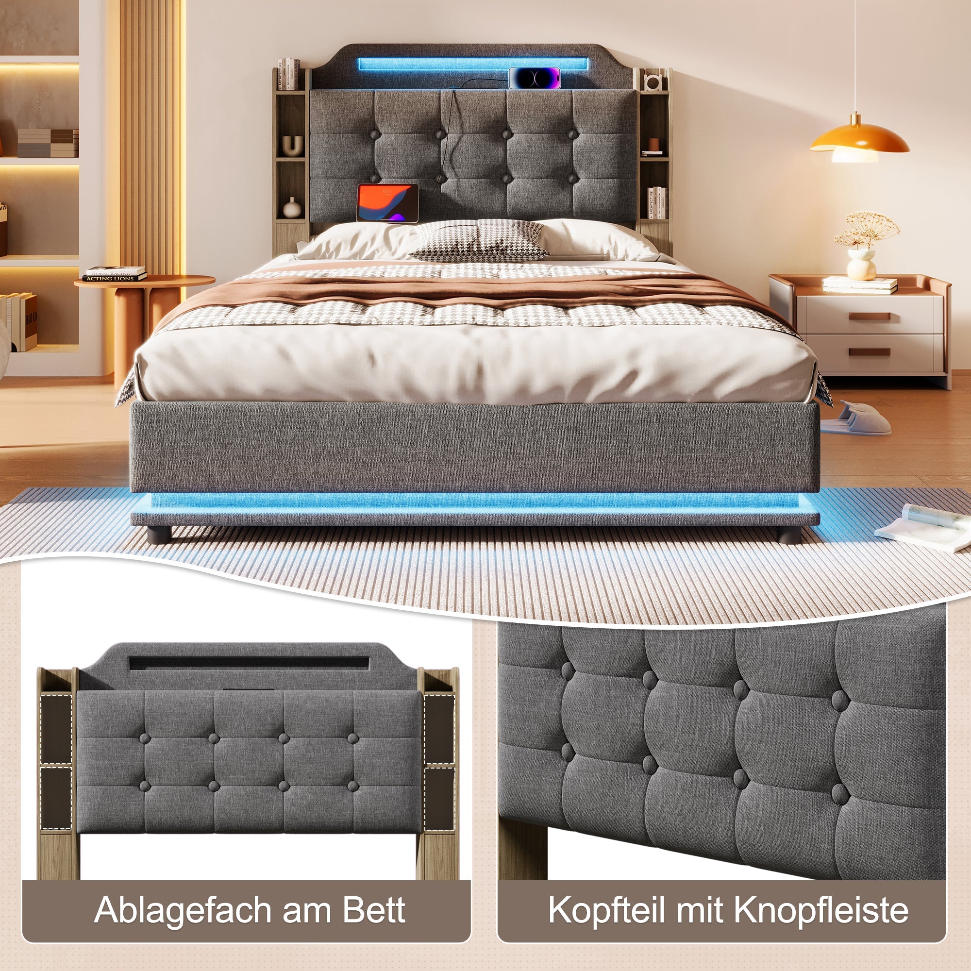 Upholstered Bed 140x200cm, LED Light Strip, Hydraulic Storage, USB + Type-C, Grey Linen