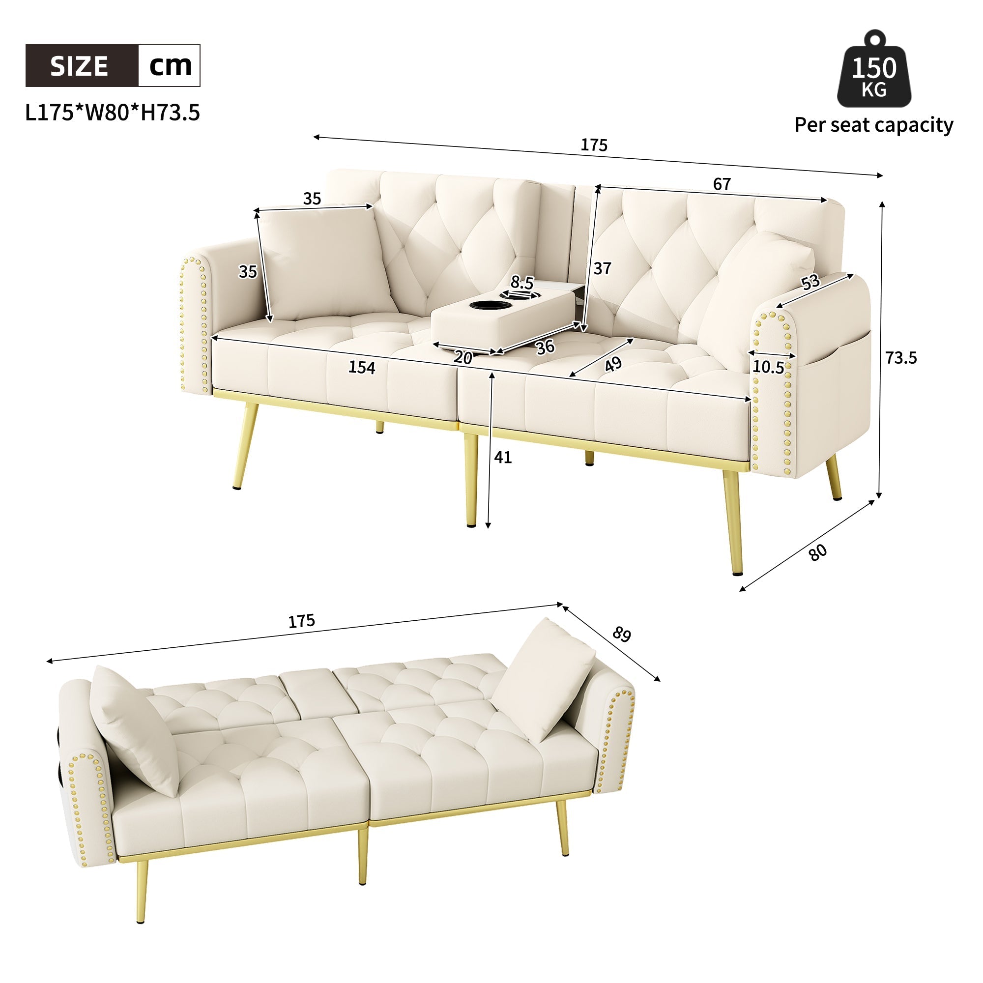 Sofa Bed Double Fold-Out Reclining Cup Holders - Fabric Beige
