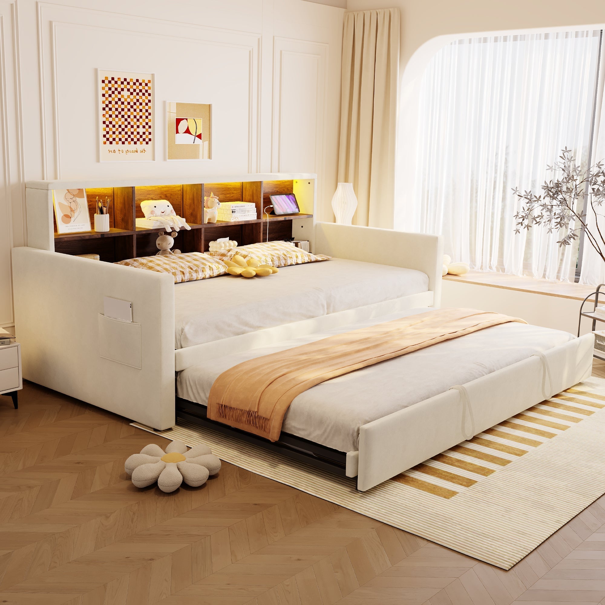 Upholstered Sofa Bed 90x190cm with Storage Headboard, LED and Charging Ports, Beige Velvet