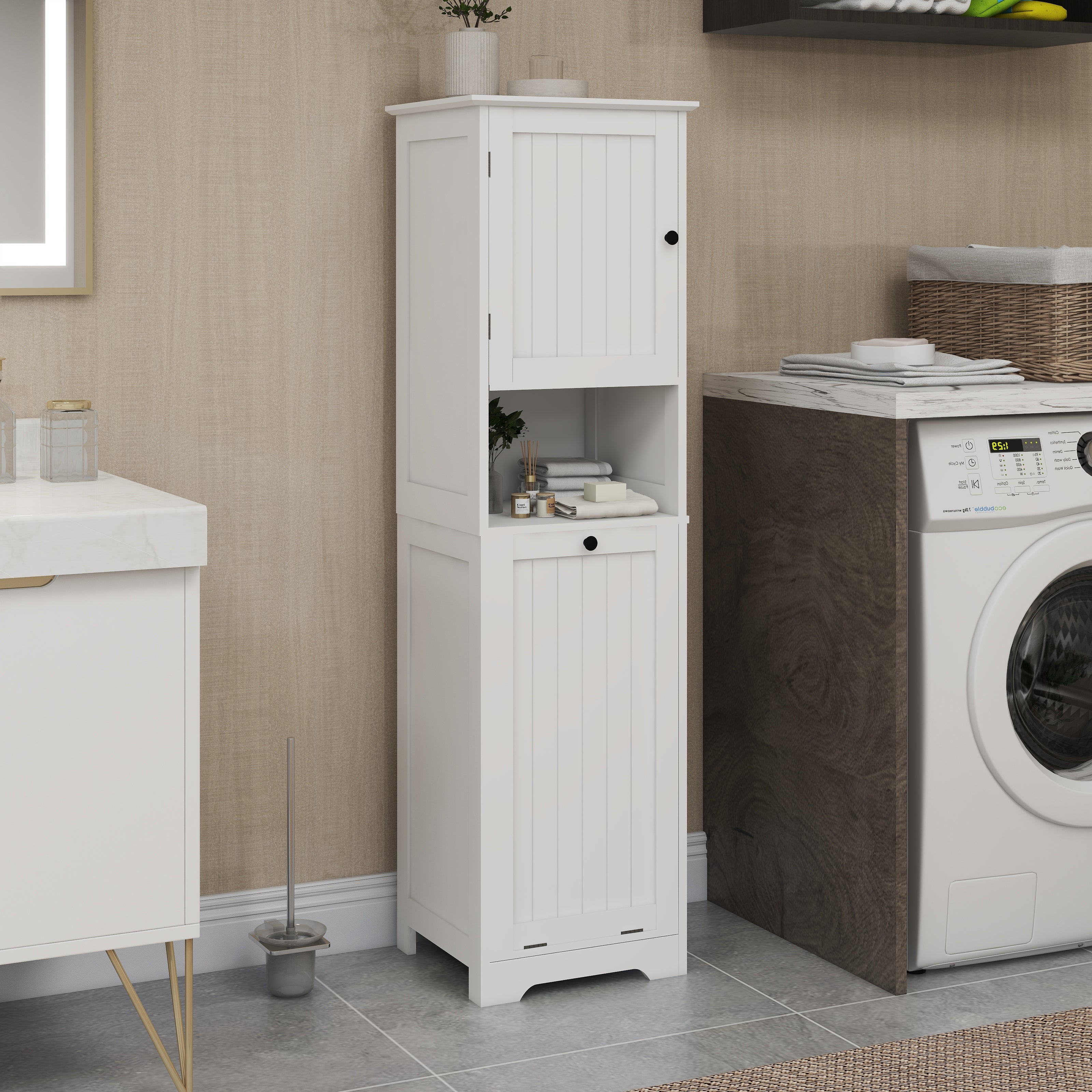 Laundry Sorter Cabinet, One-Compartment Tilt-Out Door, White