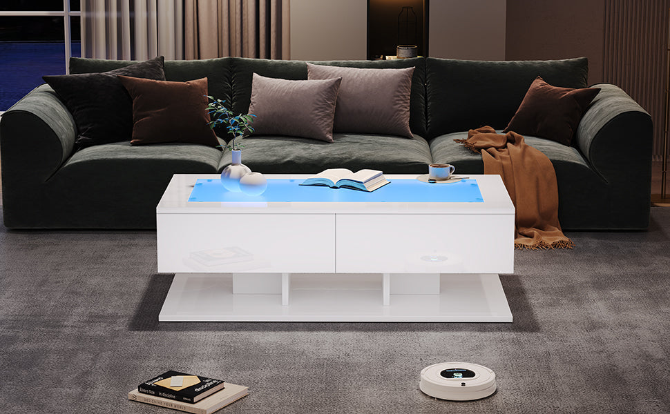 Coffee Table 100x50x35cm, High-Gloss with Drawers, LED Light & Glass Top, White