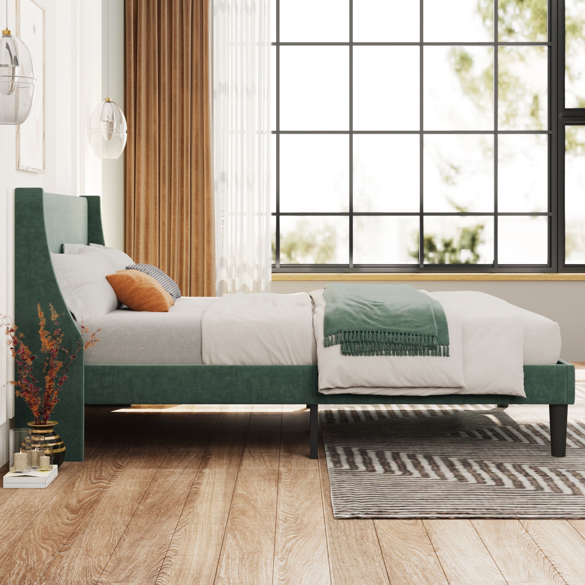 3ft Single Velvet Upholstered Bed – Dark Green
