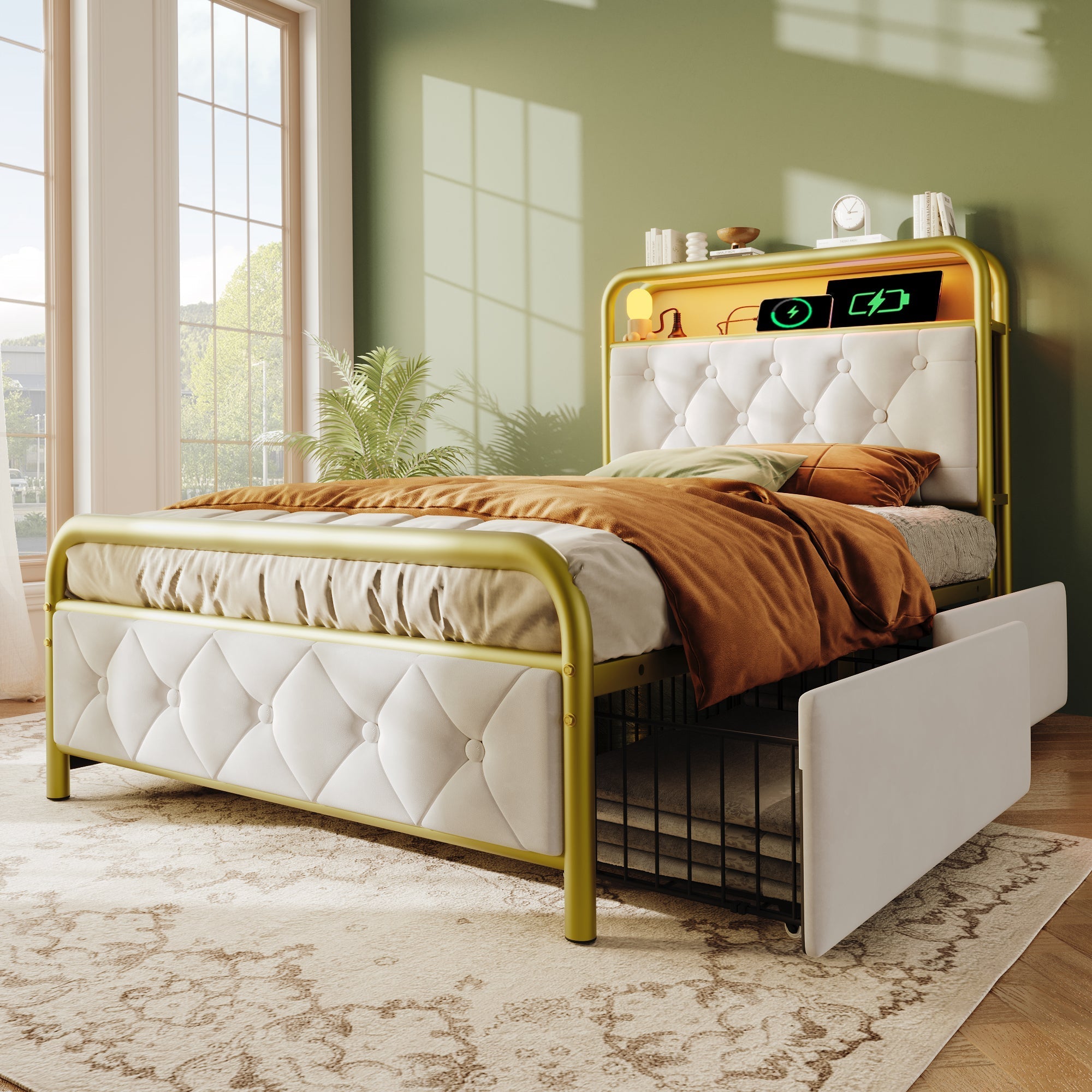 Upholstered Single Bed with USB Type C & LED, 90x200, 2 Drawers, Velvet
