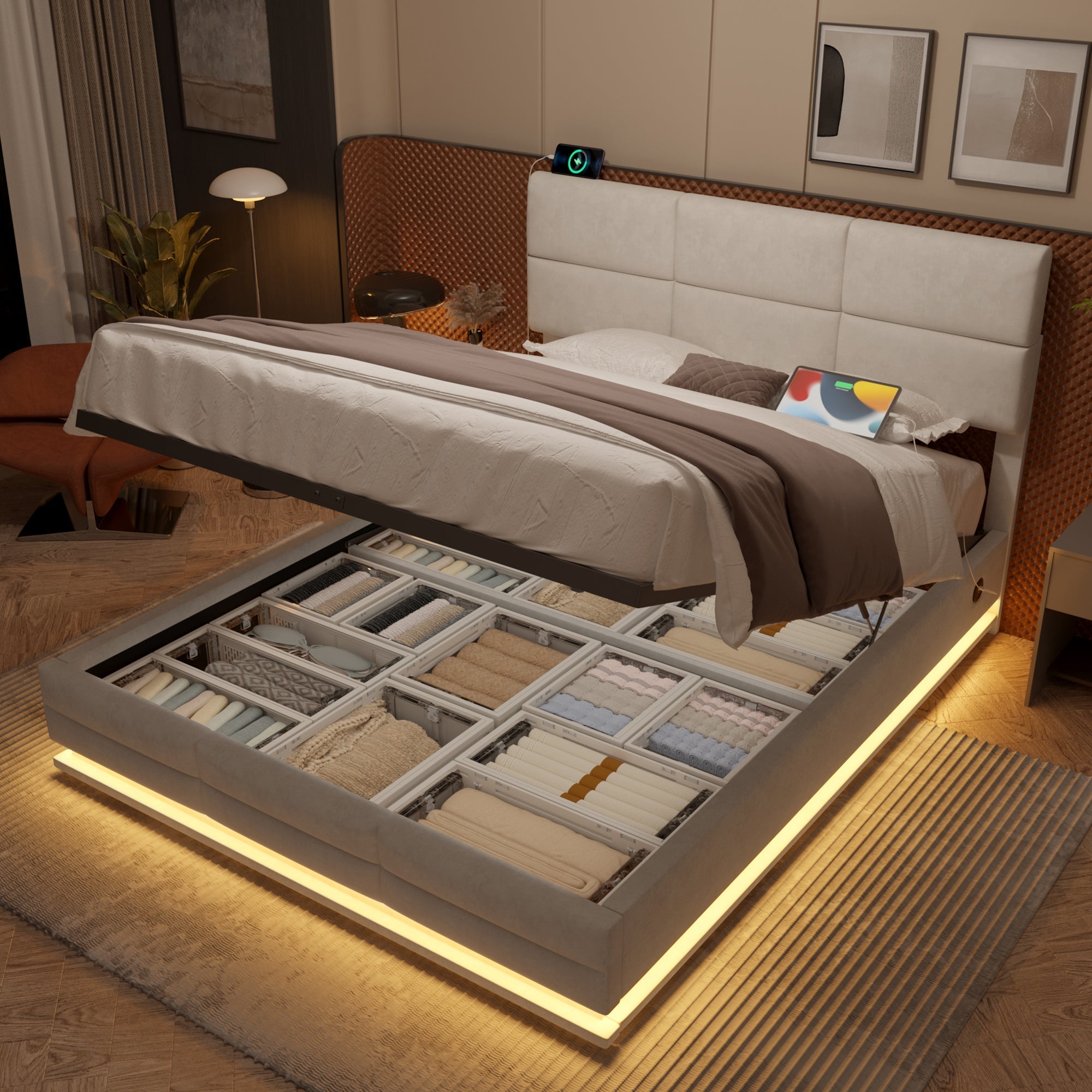 Modern Upholstered Bed 150x200cm, USB/LED, Hydraulic Storage, Beige Velvet