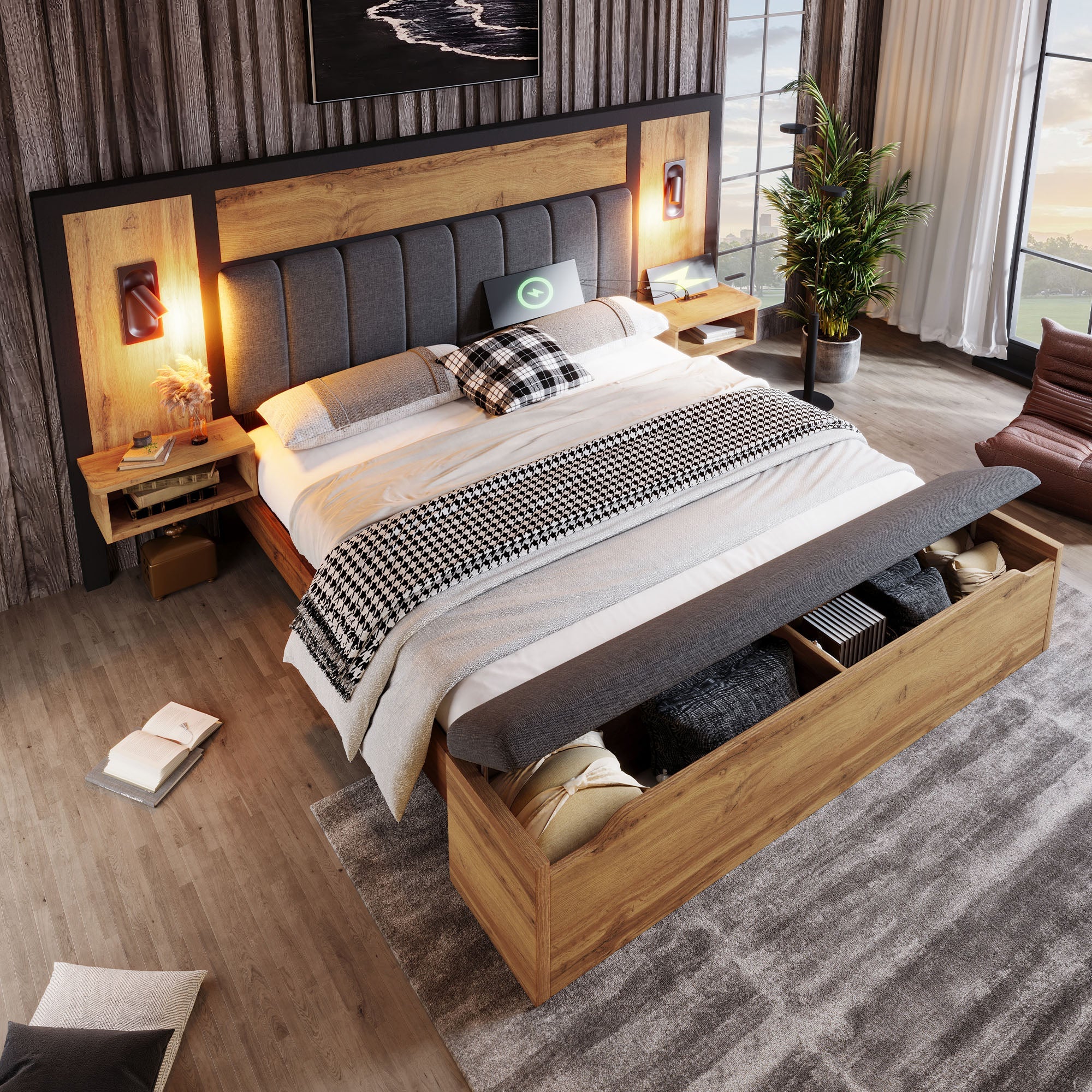 Double Bed Upholstered with Reading Lamp, USB-C, Storage Bench, 180x200cm, Oak Wood and Linen