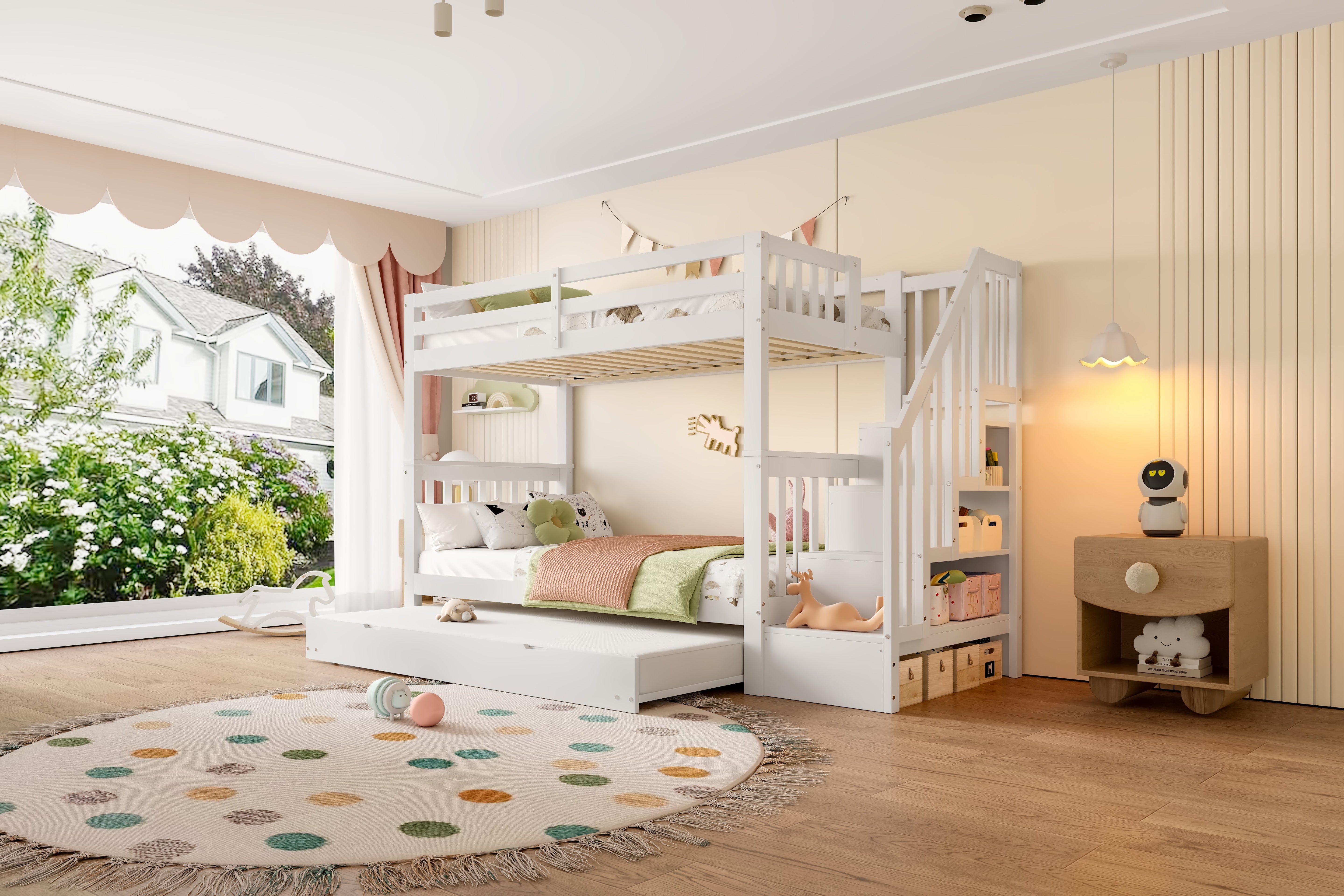 Bunk Bed with Staircase Storage and Pull-out Trundle, 90x200cm, White Pine and MDF