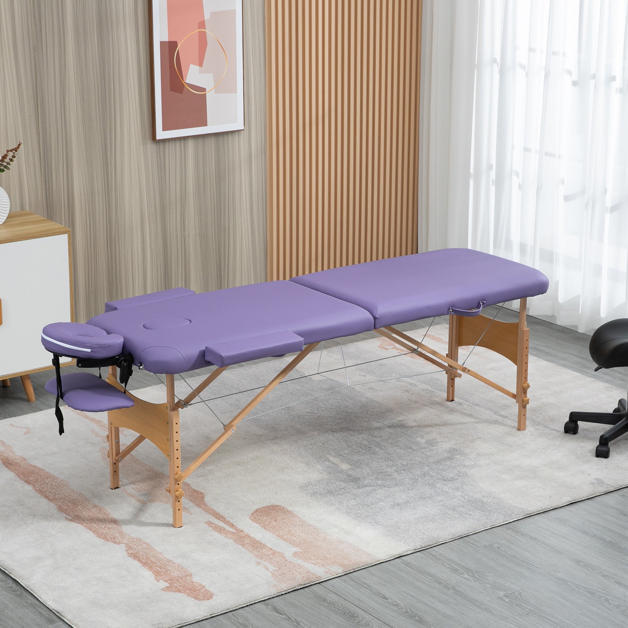 Portable Massage Bed, Folding 2 Section Spa Beauty Table with Carry Bag, Wooden Frame Purple