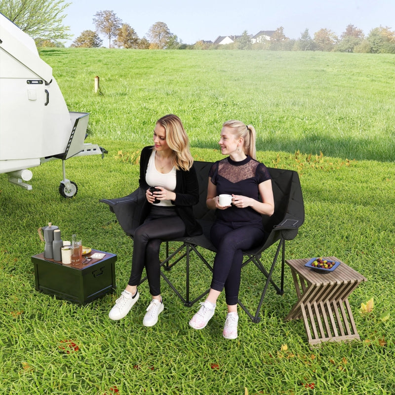 Folding Chair, 2-Seater Camping with Cooler Bags, 250 kg Load, Padded, Metal