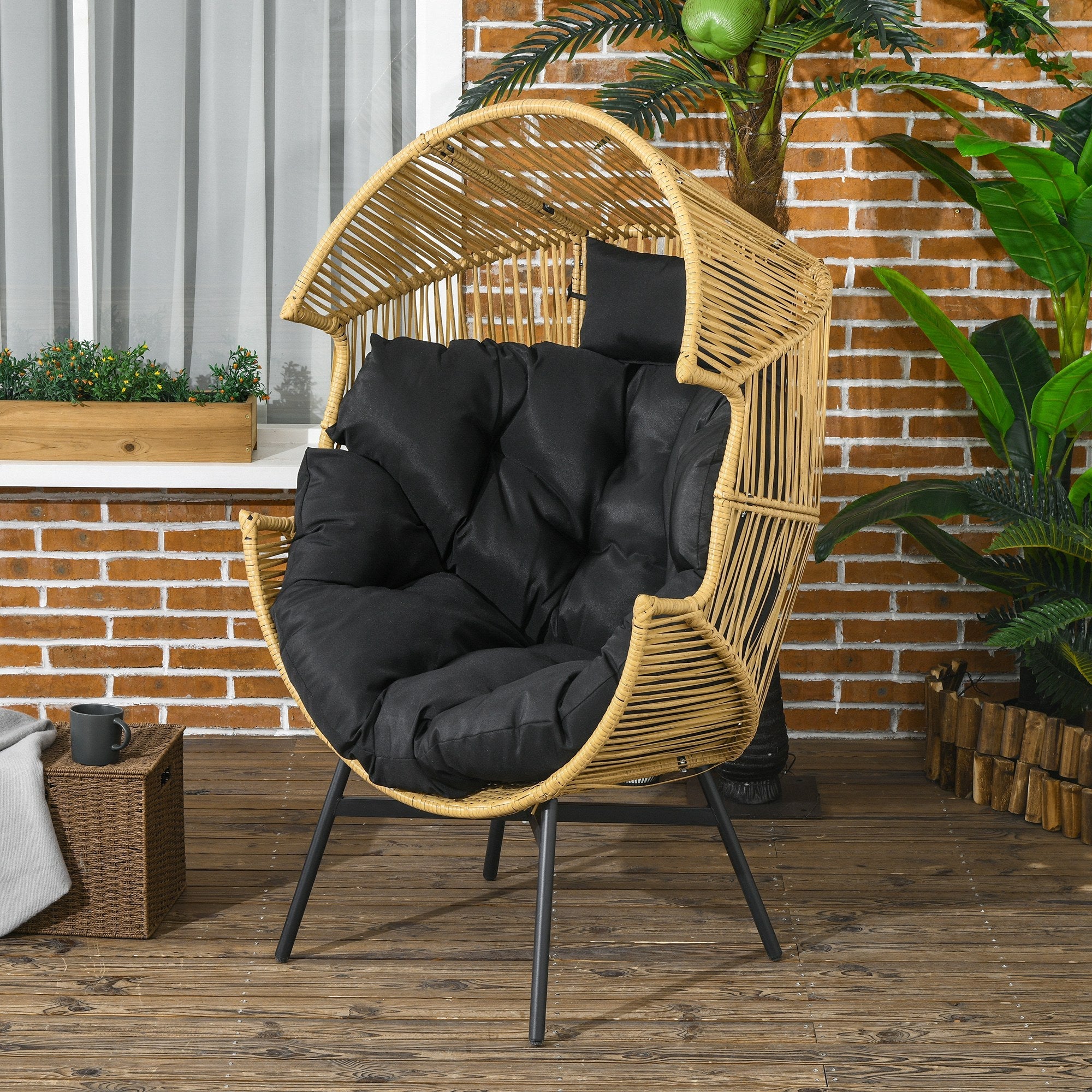 String Rattan Egg Chair with Padded Cushion, Sand/Black