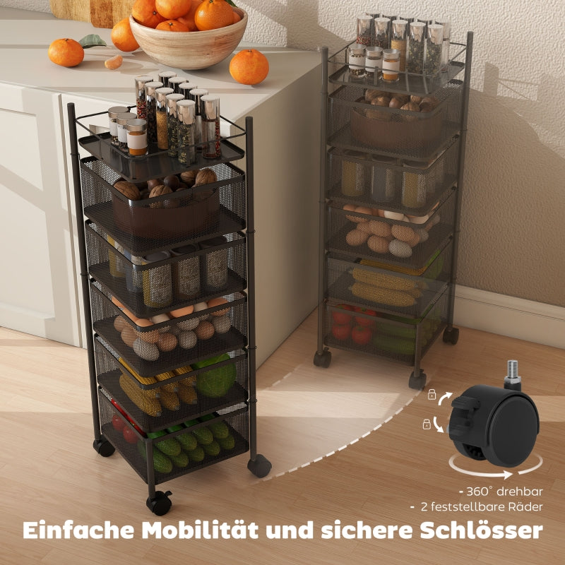 Kitchen Trolley with 5 Rotating Baskets and 4 Swivel Casters, Black Metal