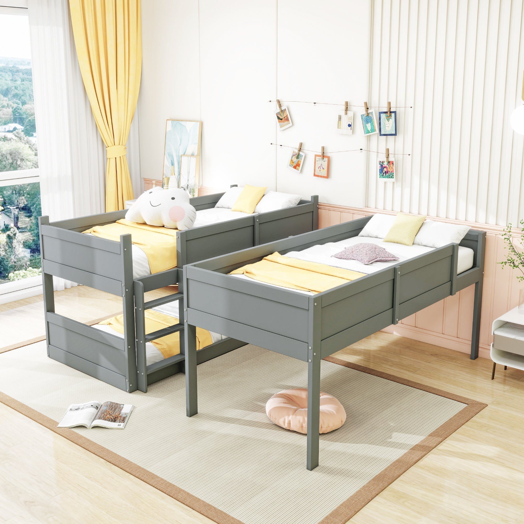 Triple Bedroom Bed 90x200cm Bunk High Fence Solid Wood, Grey