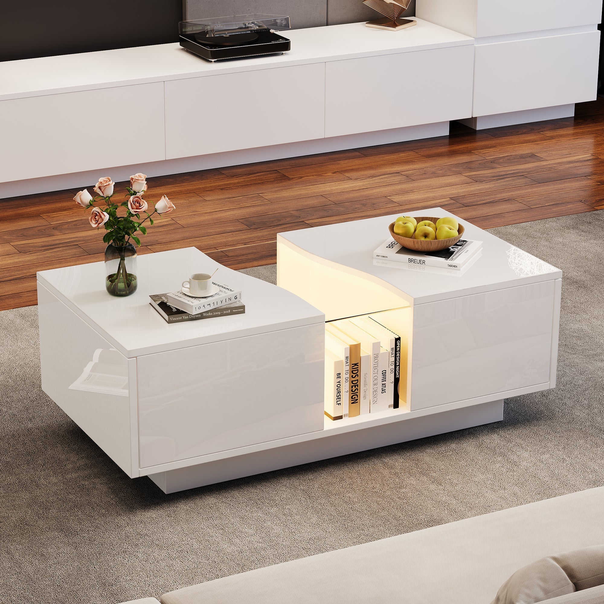 Modern LED Coffee Table, 2 Drawers 100x50x35cm, White High-Gloss MDF