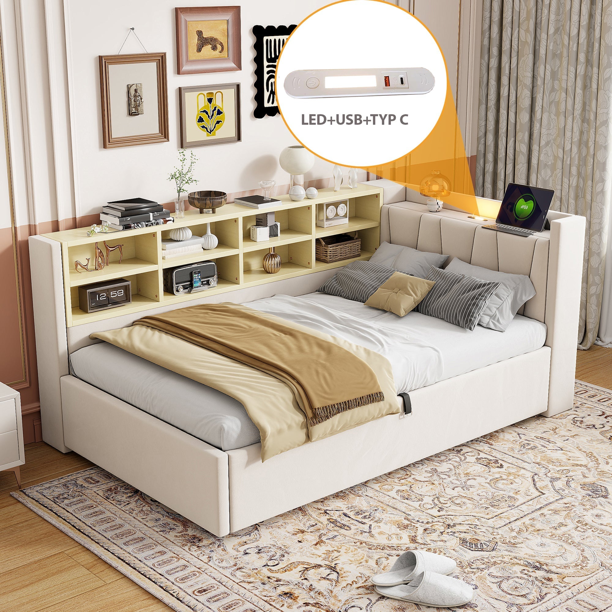 Upholstered Sofa Bed with Storage and USB Ports, Velvet Grey