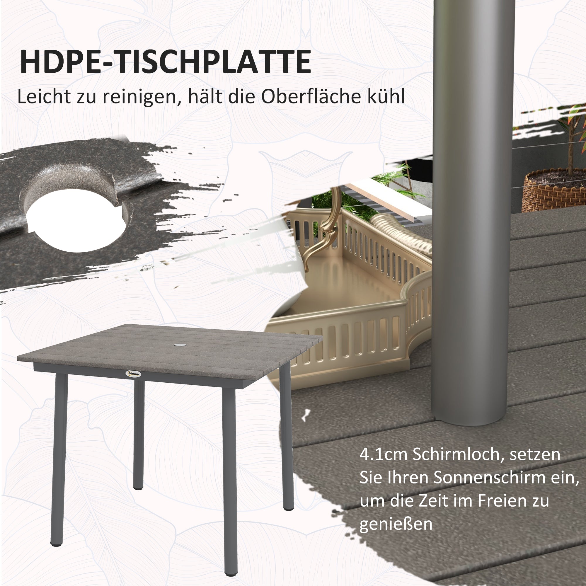Gartentisch Esstisch 4 Personen Sonnenschirmloch Lamellenrahmen HDPE Dunkelgrau
