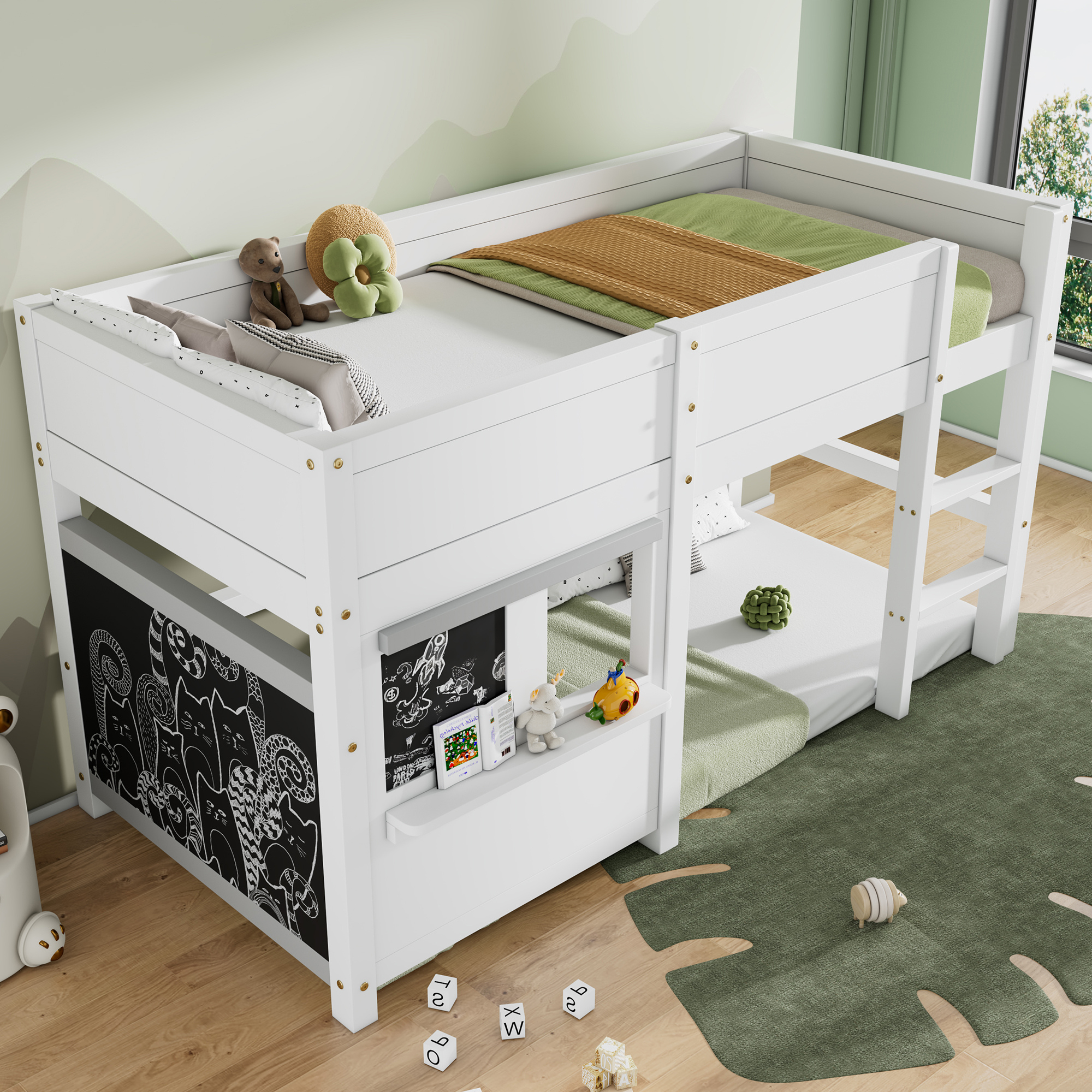 House Bunk Bed 90x200cm Graffiti Boards Small Shelf - White