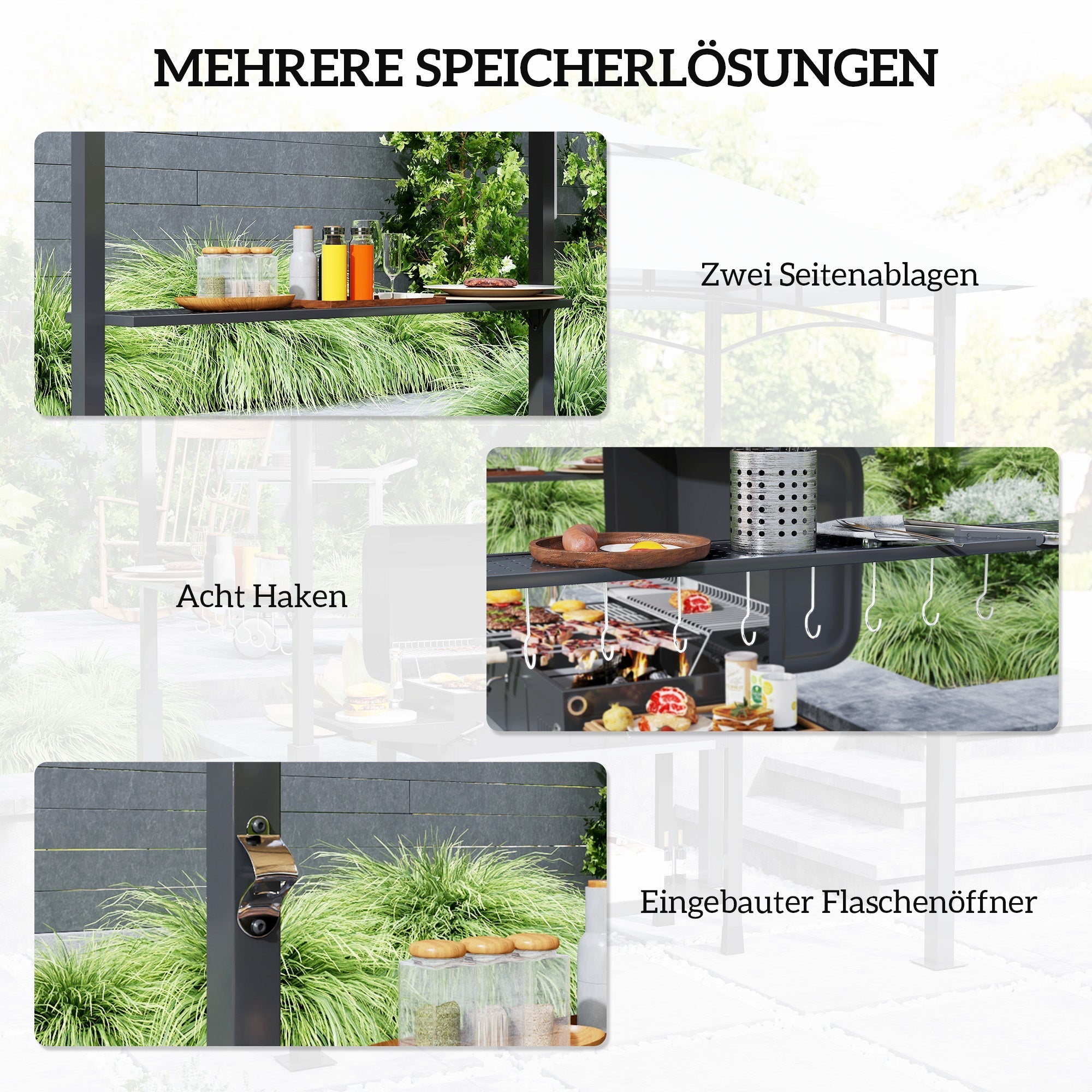 Grill Gazebo LED Lighting, Double Roof, Side Shelves, Waterproof Metal Grey