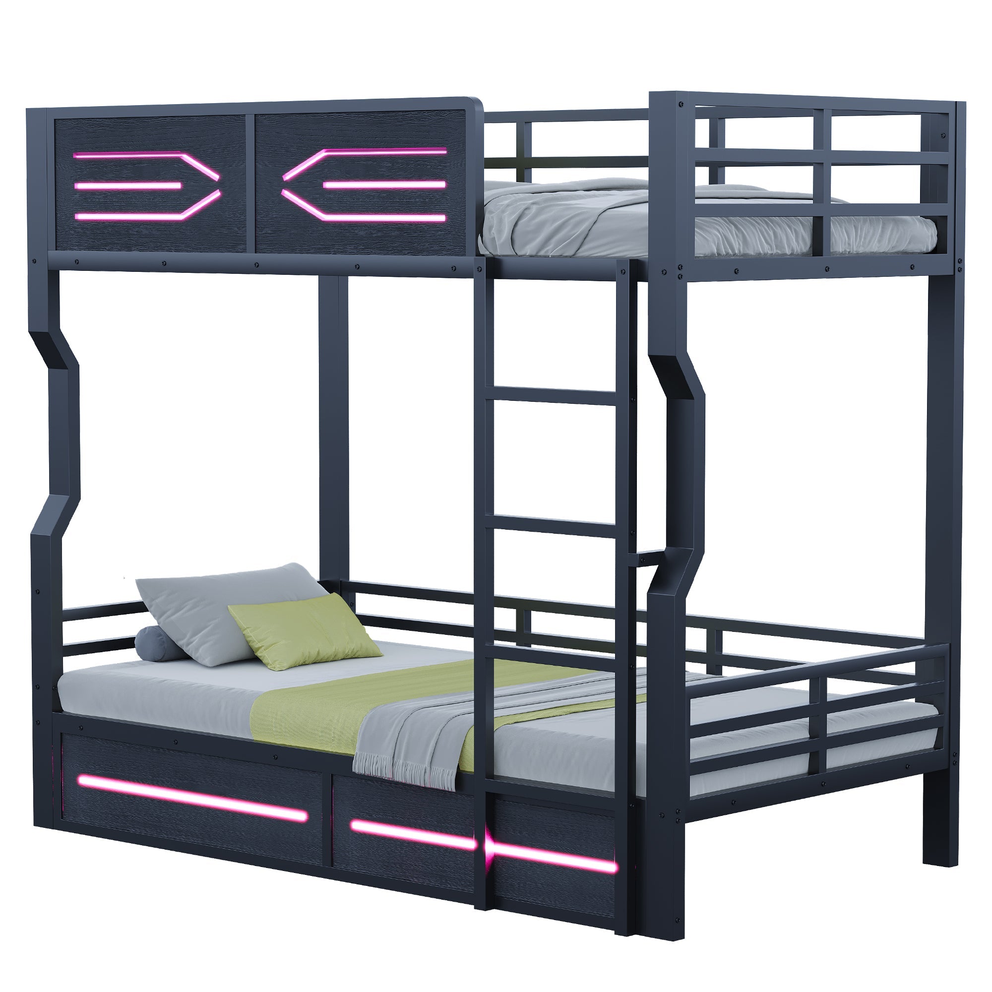 Iron Bunk Bed with LED Lighting and High Side Rails, 90x200cm, Black Iron