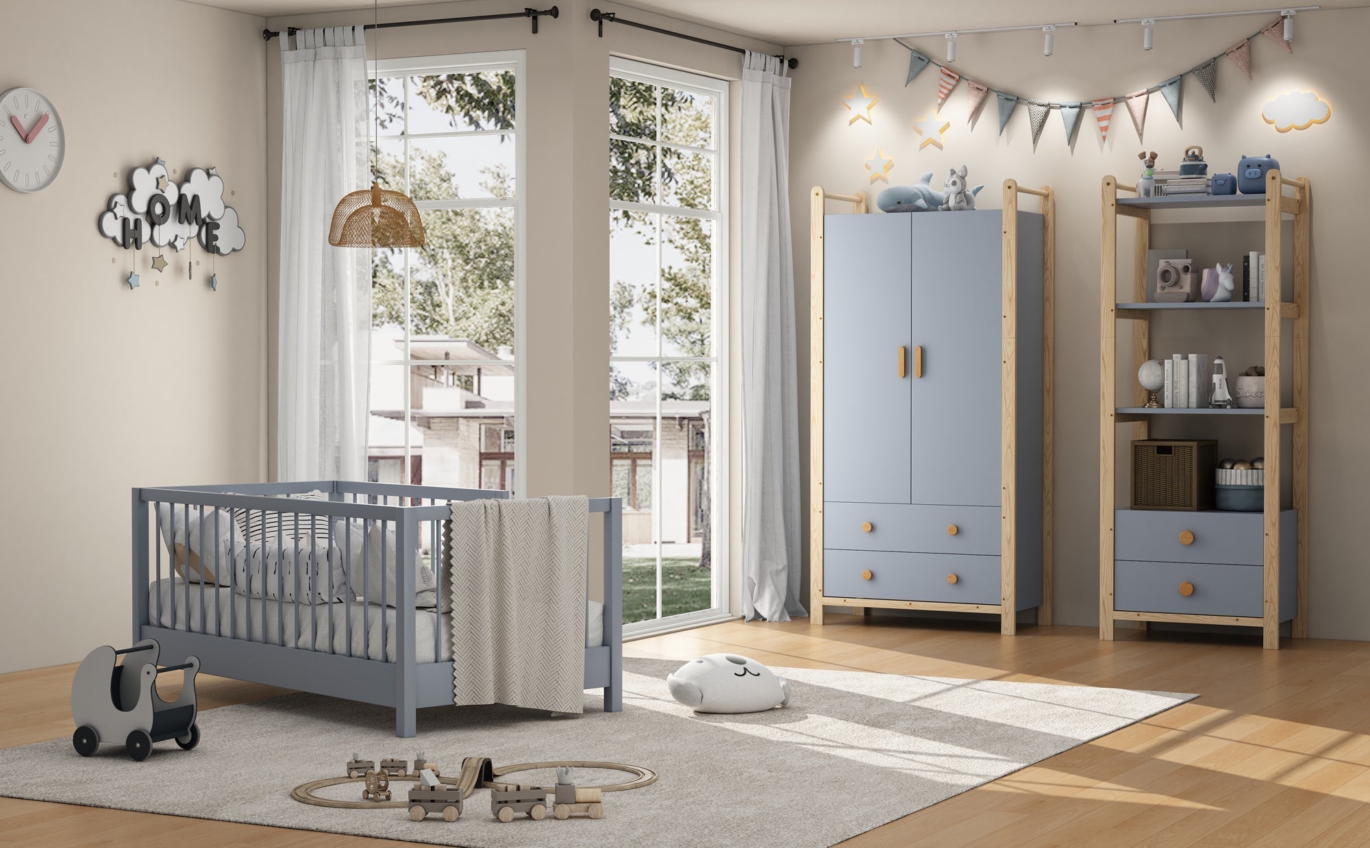 Wardrobe 2-Door with Clothes Rail and 2 Drawers, Blue Chipboard + Pine Frame