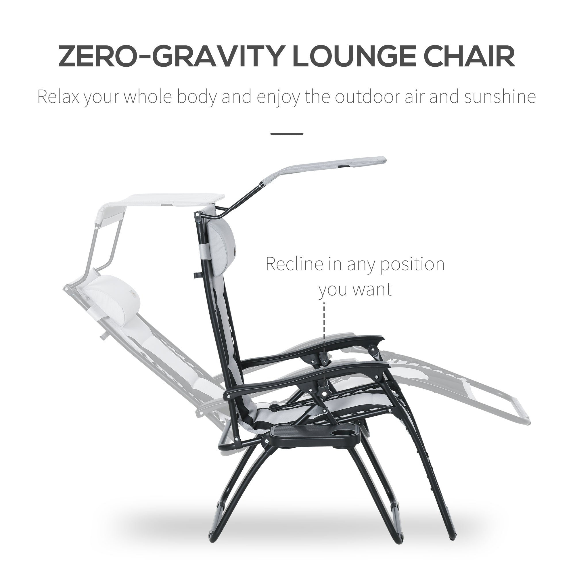 Zero Gravity Lounger Chair, Folding Reclining with Shade Cover & Cup Holder, Grey