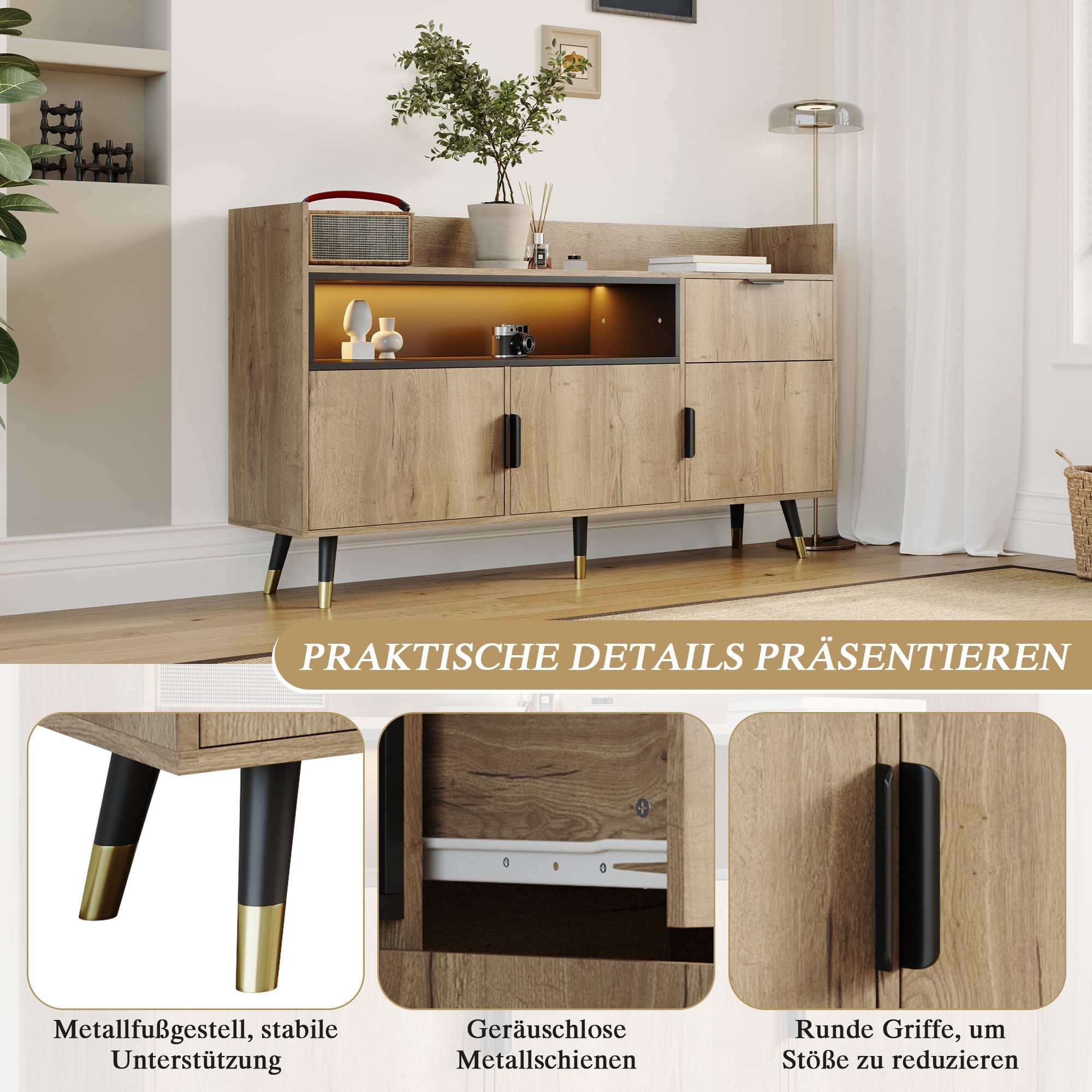 Modern Minimalist Sideboard with Open Shelves, Drawers and Swing Doors, Wood and Metal