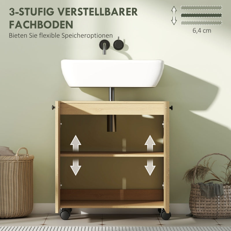 Bathroom Vanity Unit with 3-Tier Shelf and Wheels, Wood