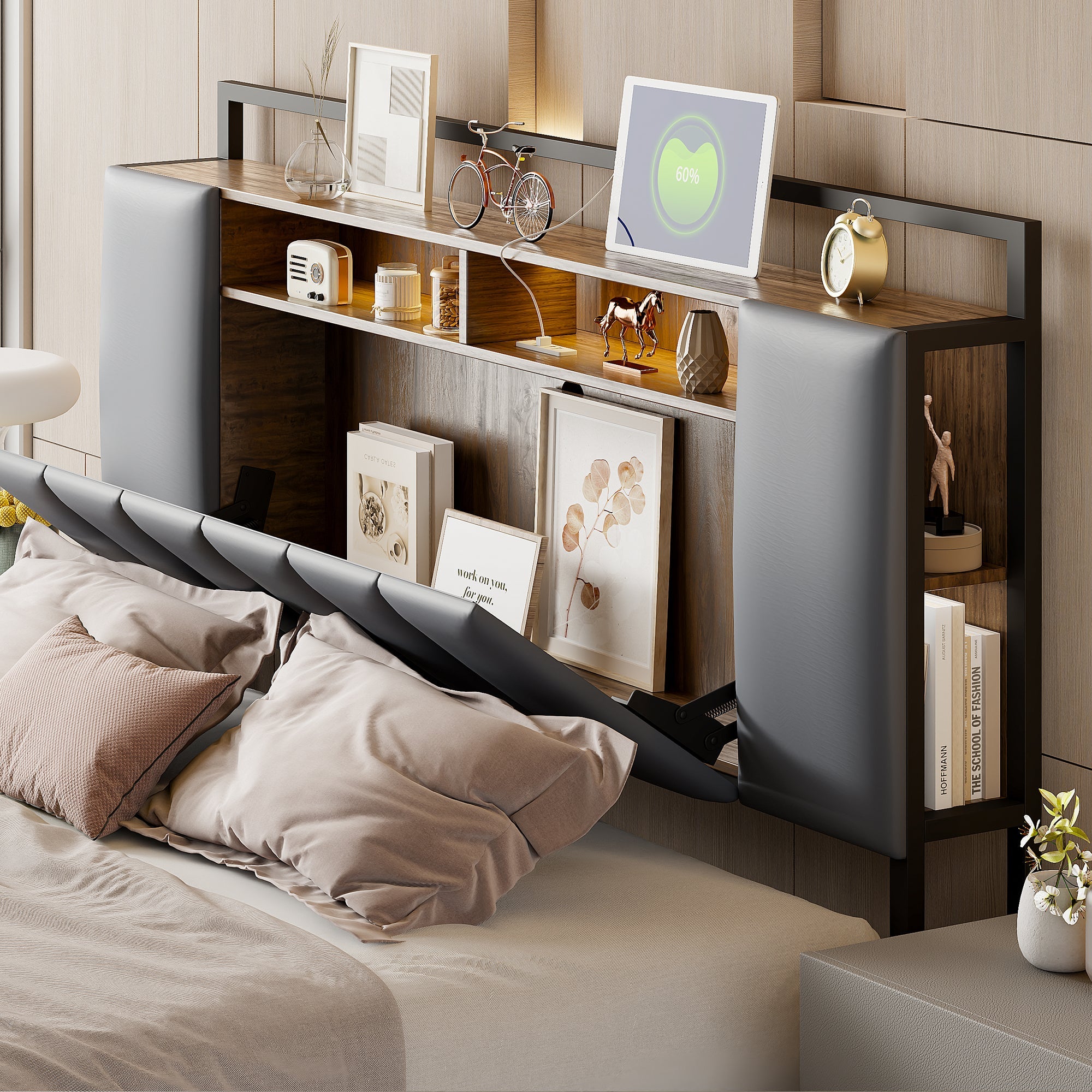 Upholstered Bed, Multifunctional with LED & USB, Drawers, Faux Leather Grey