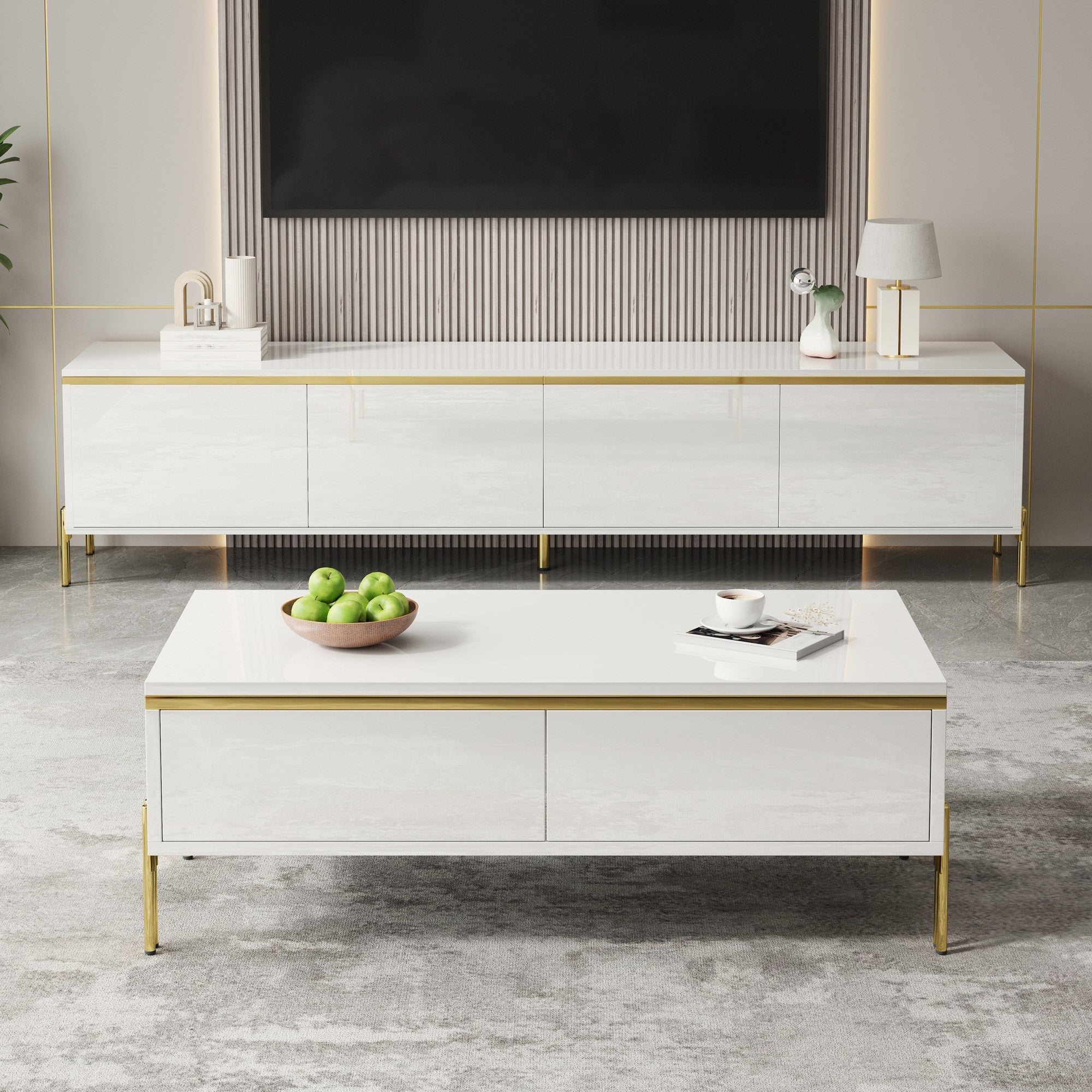 TV Cabinet and Coffee Table Set Modern Luxury High-Gloss Gold Edges Storage - Solid Color