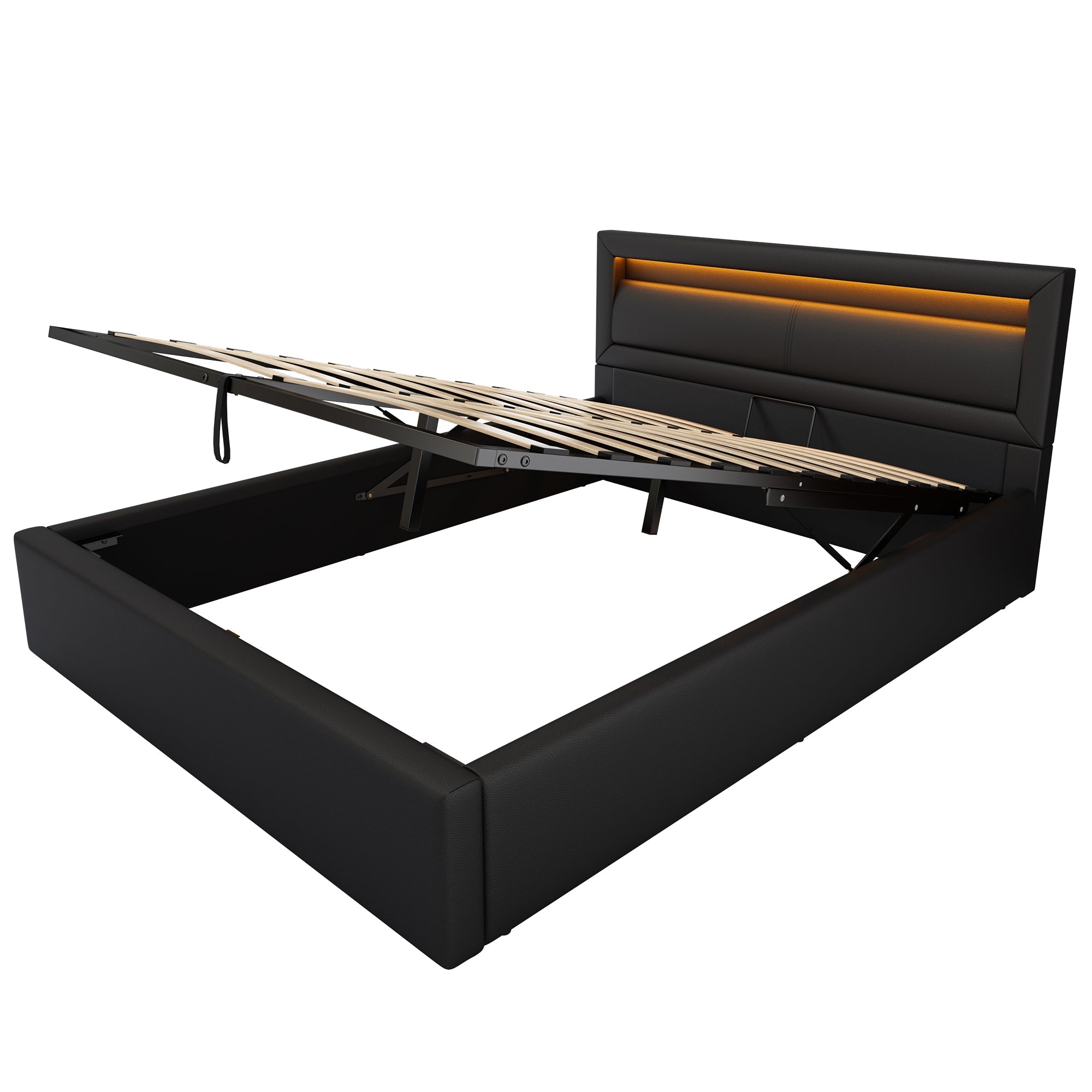 Upholstered Bed with Lift-Up Storage, LED Lighting & Slatted Base, Black